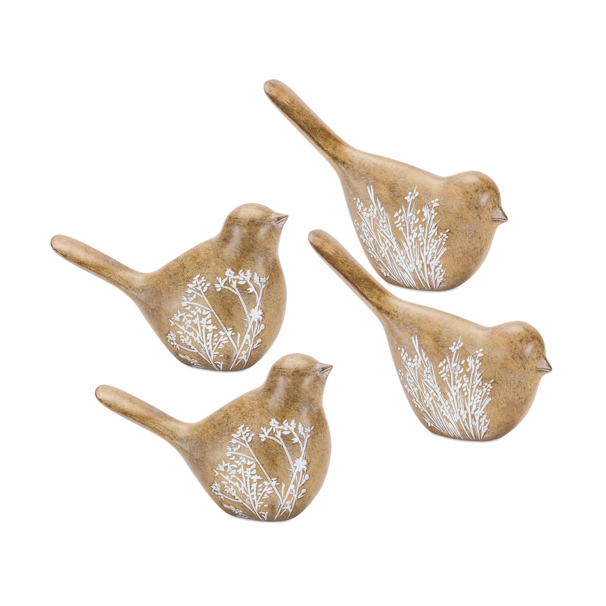 Melrose International Floral Etched Bird Figurine with Wood Grain Design (Set of 4)