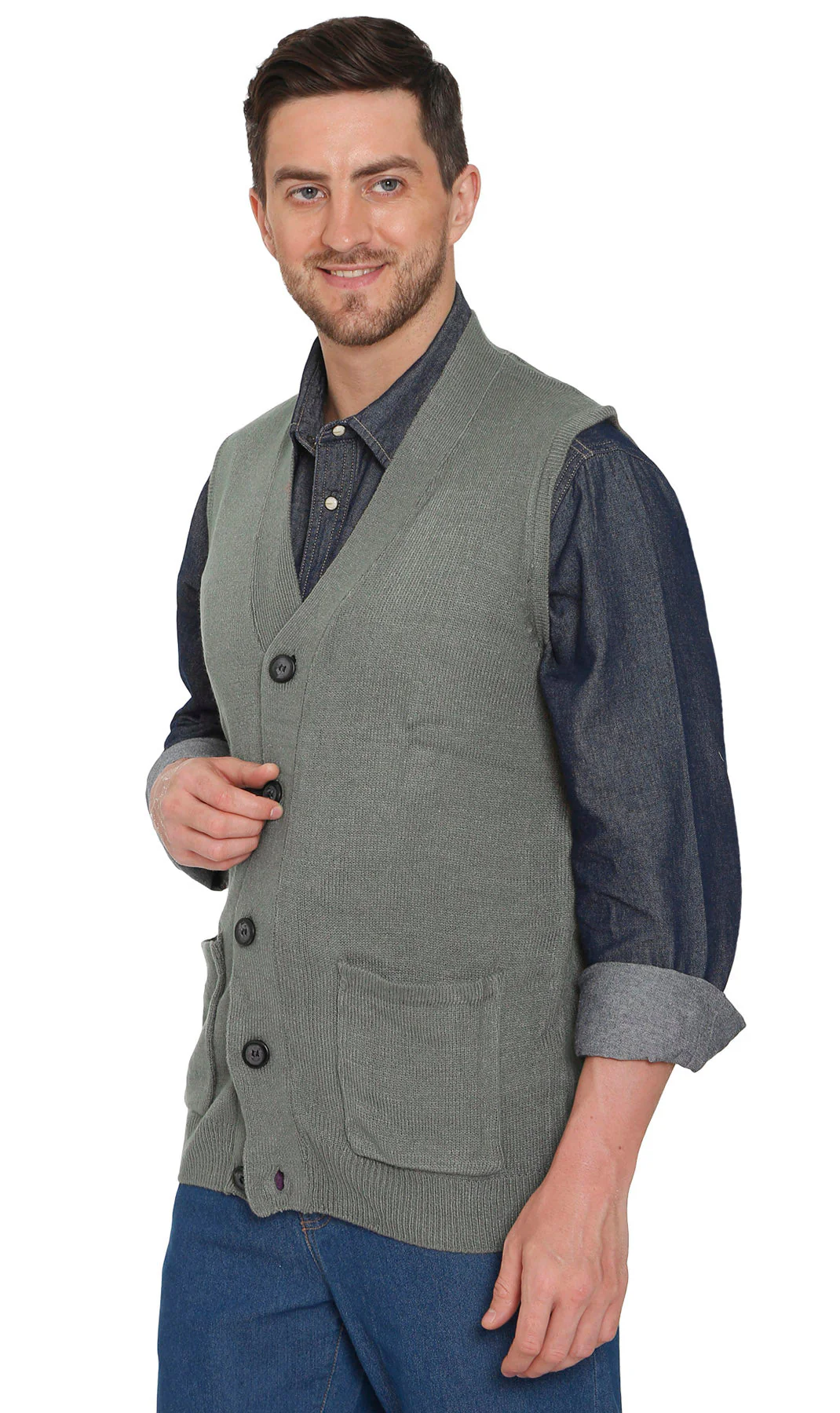 Men's Cashmere-Like Button Front Flat Knit Sweater Vest with front patch pockets - Image 3