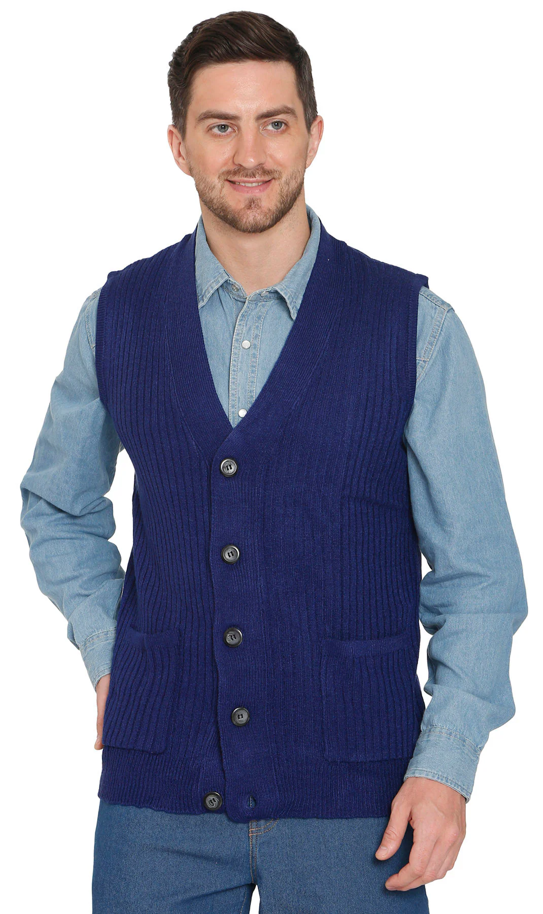 Men's Relaxed Fit Rib Knit Sweater Vest - Button Front with Pockets - Image 24