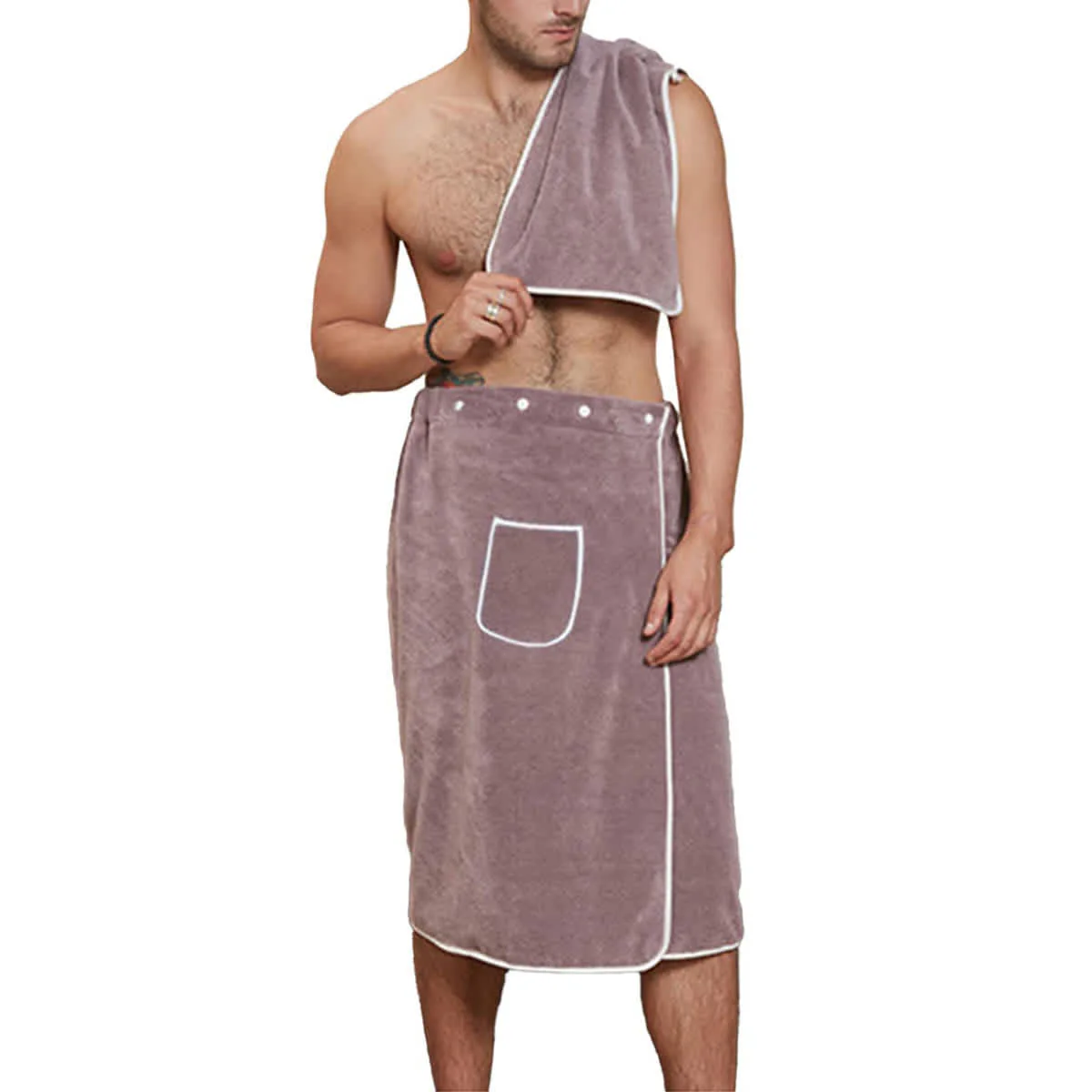 Men's Soft Absorbent Bath Towel Set with Button Closure – 2-Piece Towel Wrap & Towel - Image 6