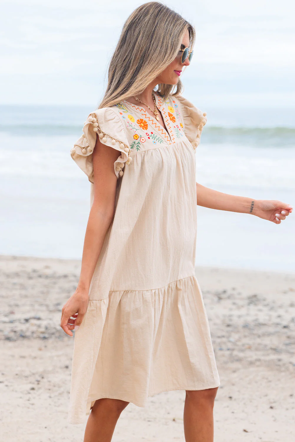 Threaded Pear Meredith Embroidery Split Neck Short Dress - Image 3