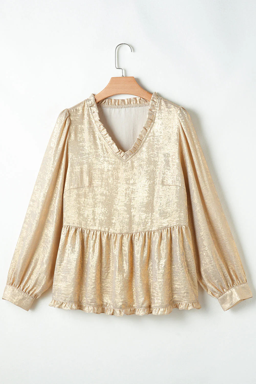 Threaded Pear Metallic Frilled V Neck Puff Sleeve Babydoll Blouse - Image 5