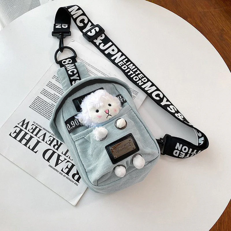 Mini Denim Crossbody Sling Bag with Animal Charm Adjustable Strap - Image 13