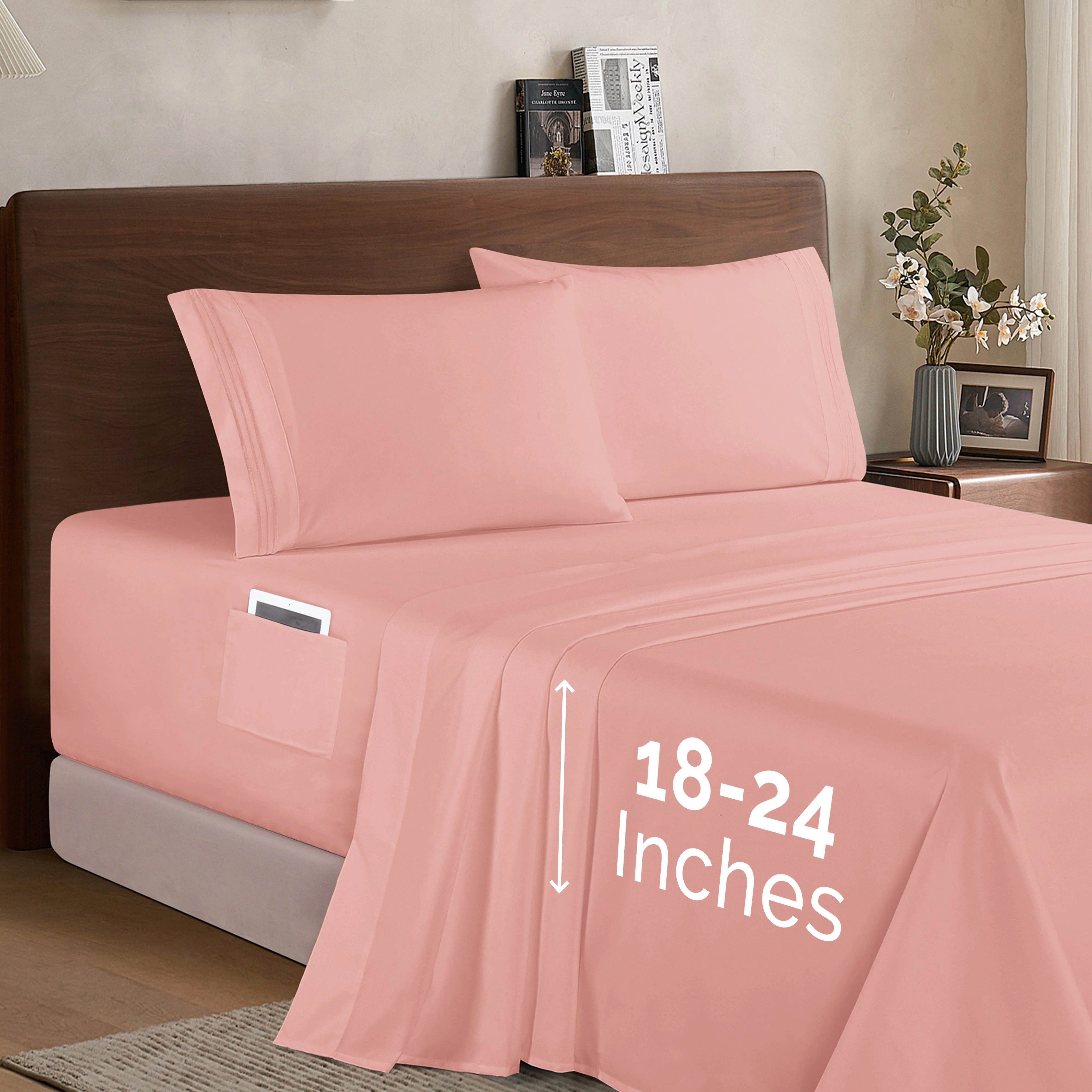 Mocassi Extra deep 18-24 Inch Pocket 3 Line Embroidery, 4-Piece Sheet Set, Bright Shades - Image 5