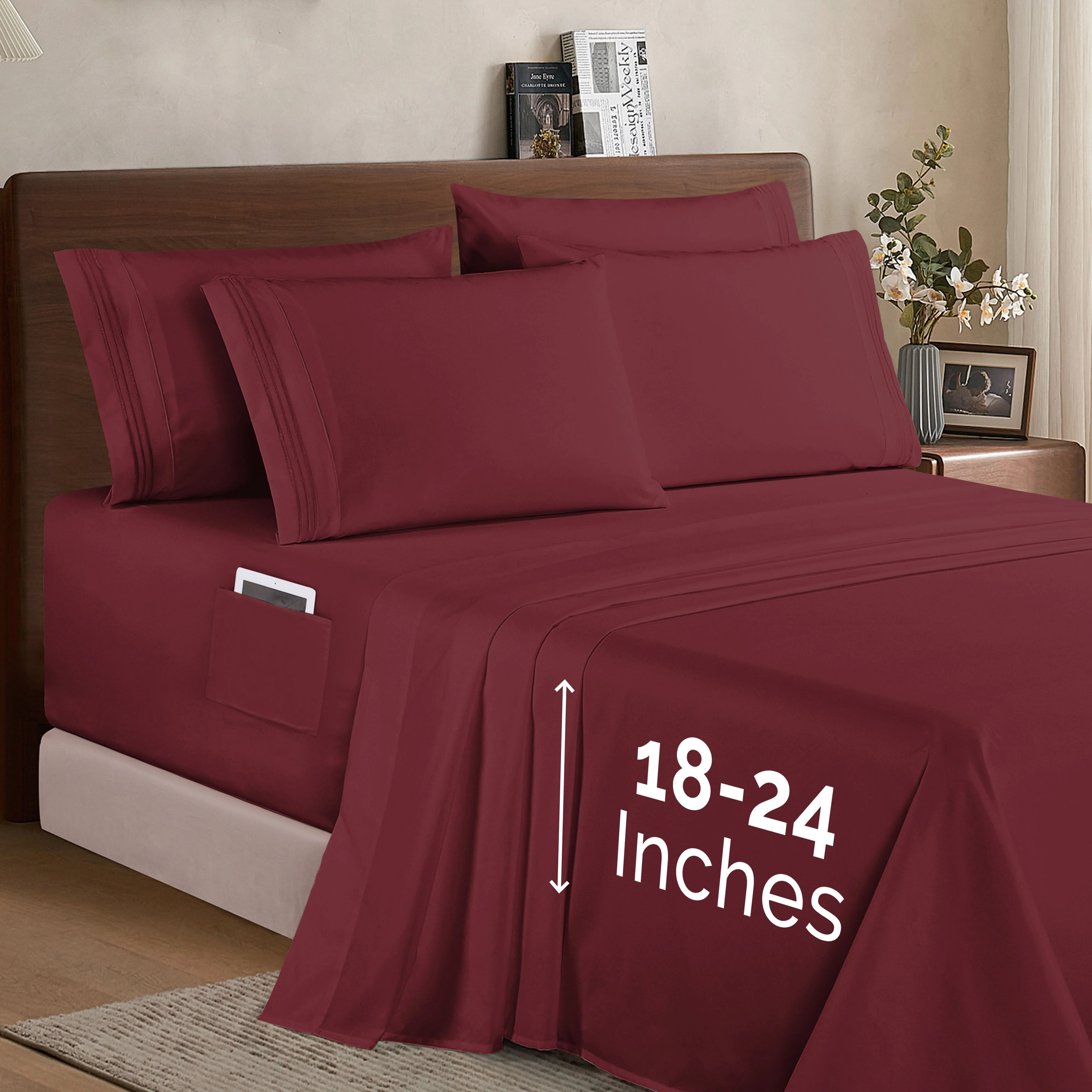 Mocassi Extra deep 18-24 Inch Pocket 3 Line Embroidery, 6-Piece Sheet Set, Moody Shades - Image 11
