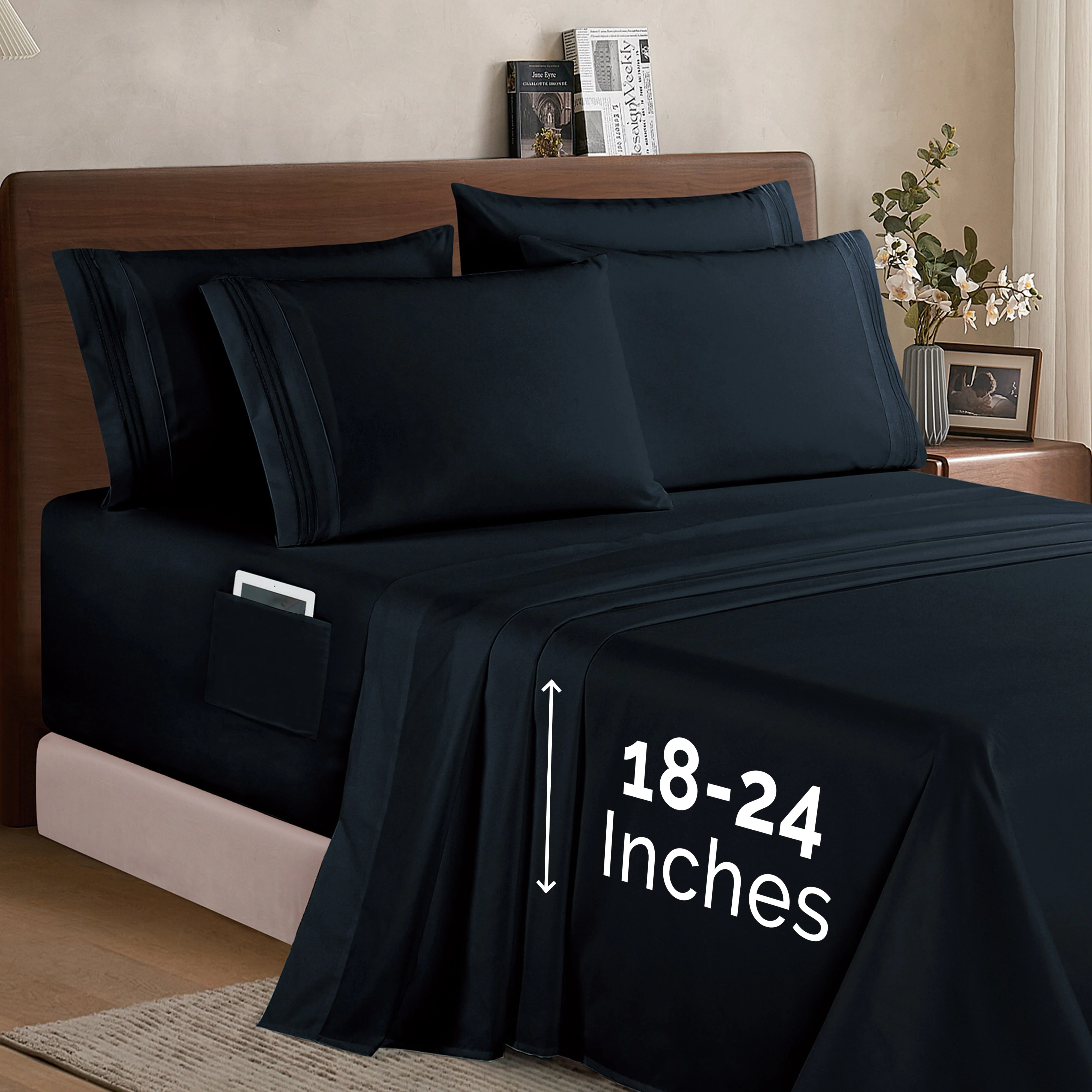 Mocassi Extra deep 18-24 Inch Pocket 3 Line Embroidery, 6-Piece Sheet Set, Moody Shades - Image 4