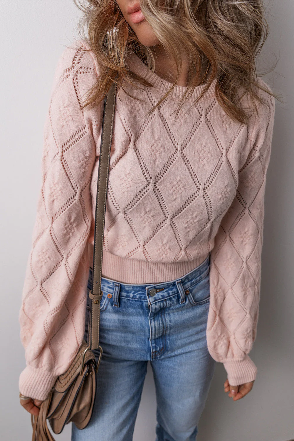 Threaded Pear Molly Openwork Plaid Puff Sleeve Cropped Sweater - Image 3