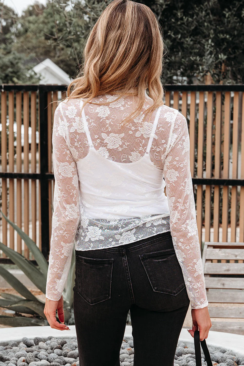 Threaded Pear Myla Sheer Floral Lace Mesh Mock Neck Long Sleeve Top - Image 2