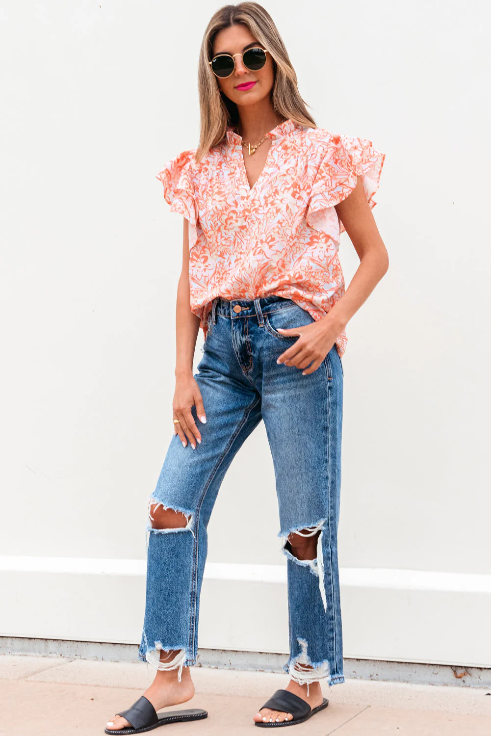 Threaded Pear Nancy Floral Ruffle Sleeve Split Neck Blouse - Image 4