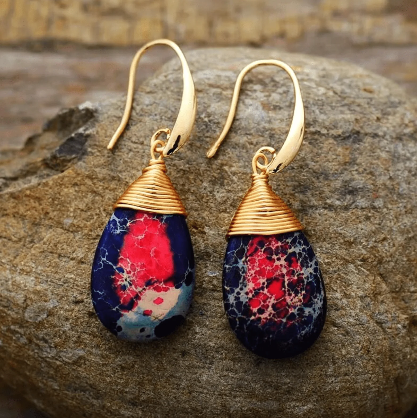 Navy & Red Jasper Teardrop Drop Earrings in Goldtone - Image 2
