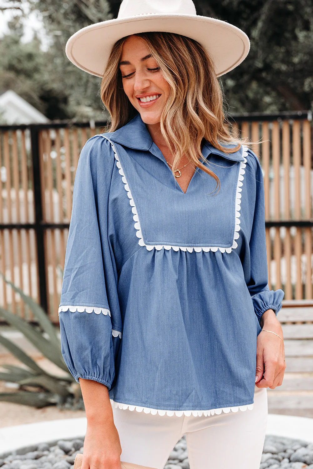Threaded Pear Nevaeh Lace Ric Rac 3/4 Puff Sleeve Collared Babydoll Blouse - Image 4