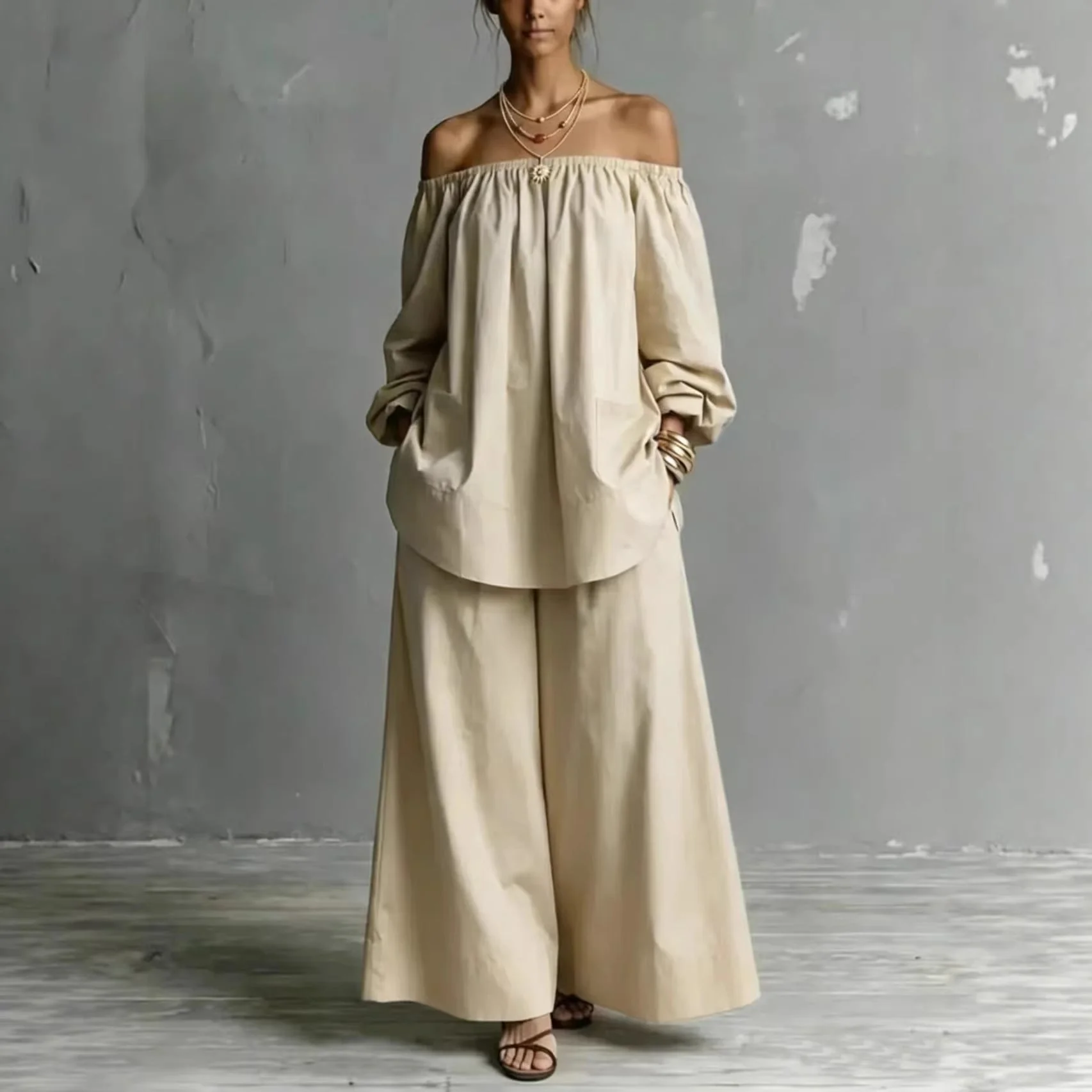 Off-Shoulder Cotton-Linen Wide-Leg Pants Set – 6 Colors, S–5XL - Image 3