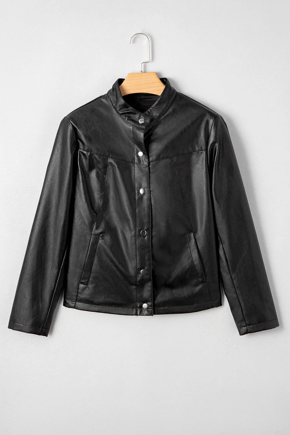 Threaded Pear Olive Faux Leather Buttoned Front Boxy Jacket - Image 7