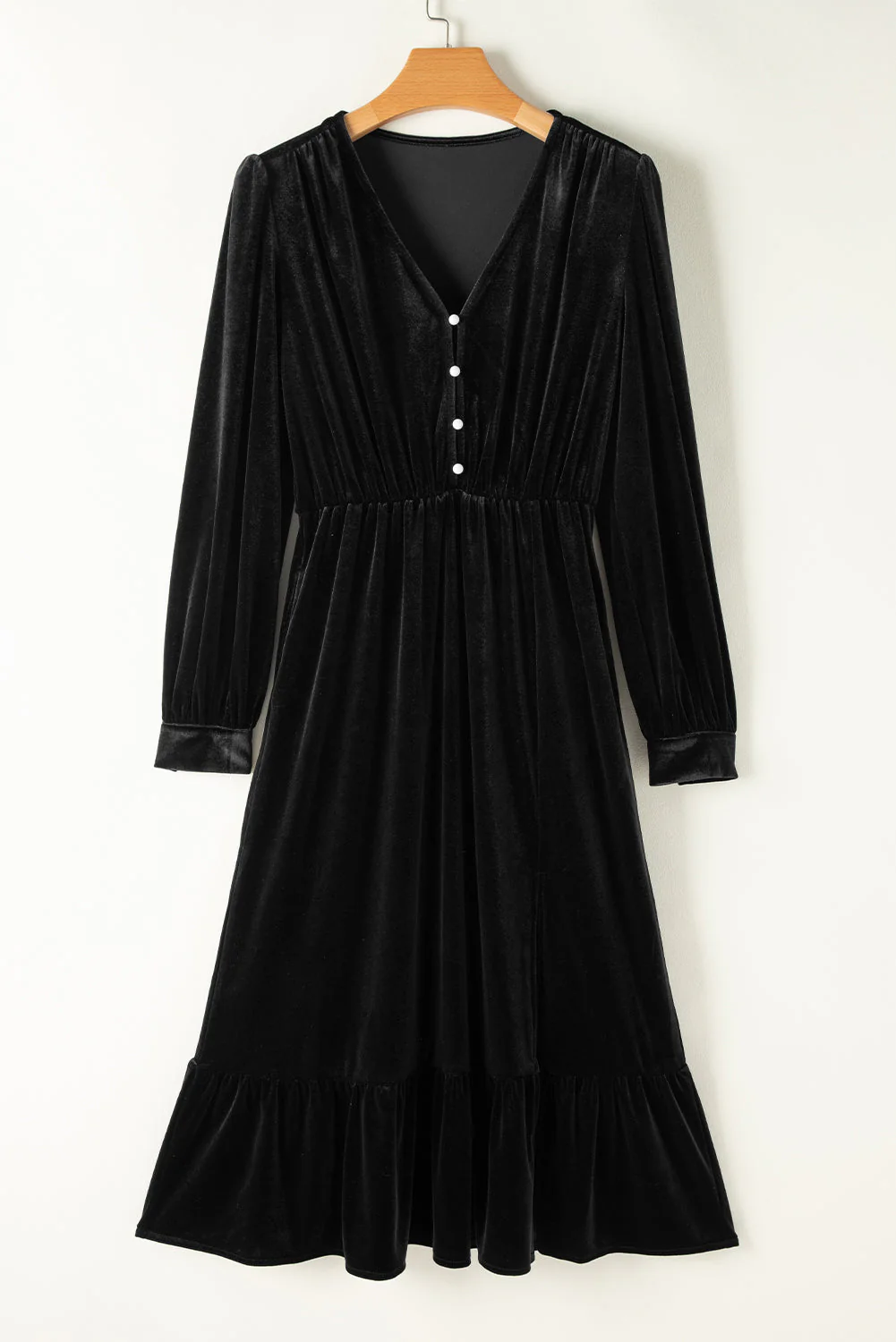 Threaded Pear Olivia Velvet Buttoned Puff Sleeve V Neck Split Midi Dress - Image 8