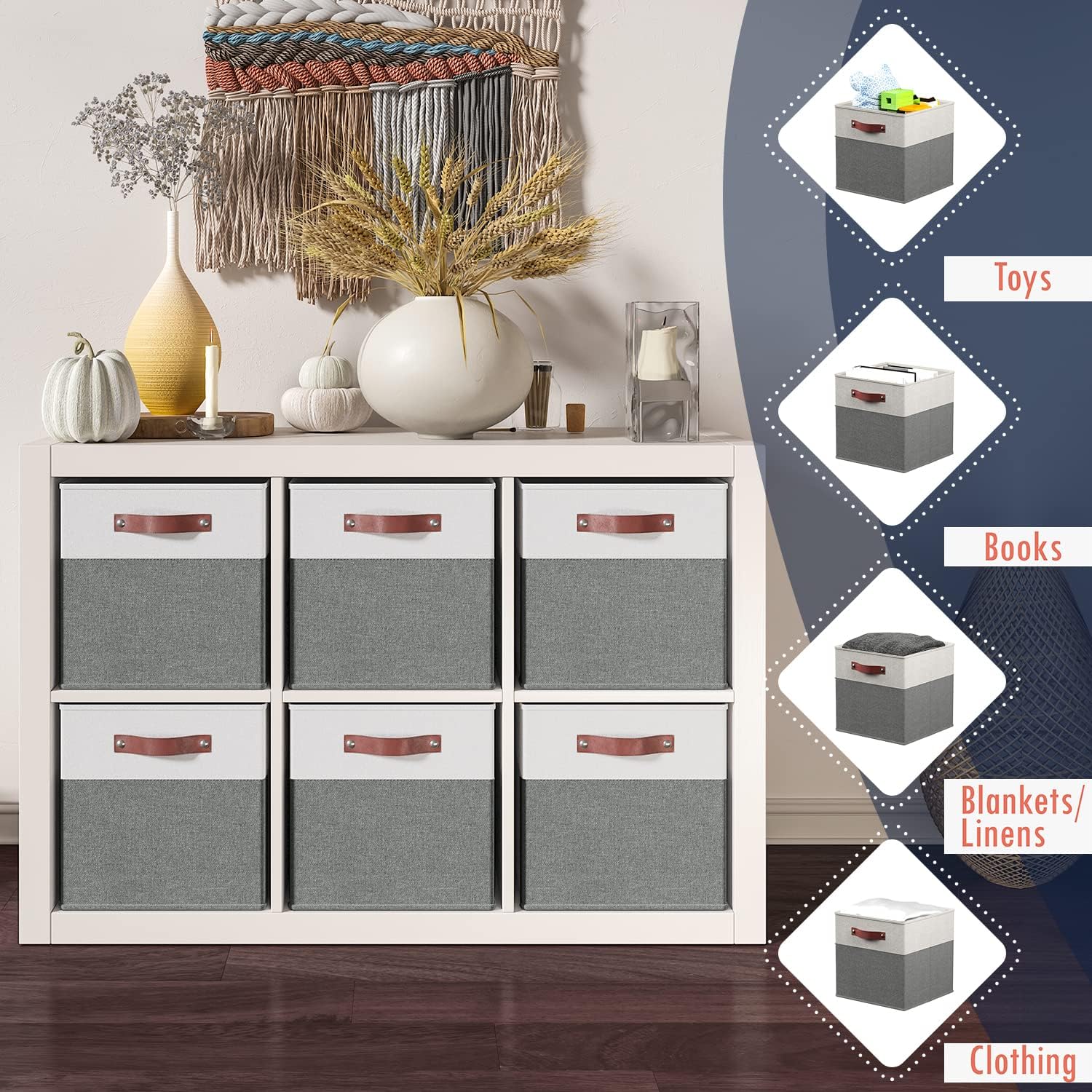 Ornavo Home 6 Pack Linen Fabric Storage Cube Bin with Faux Leather Handles - Image 10