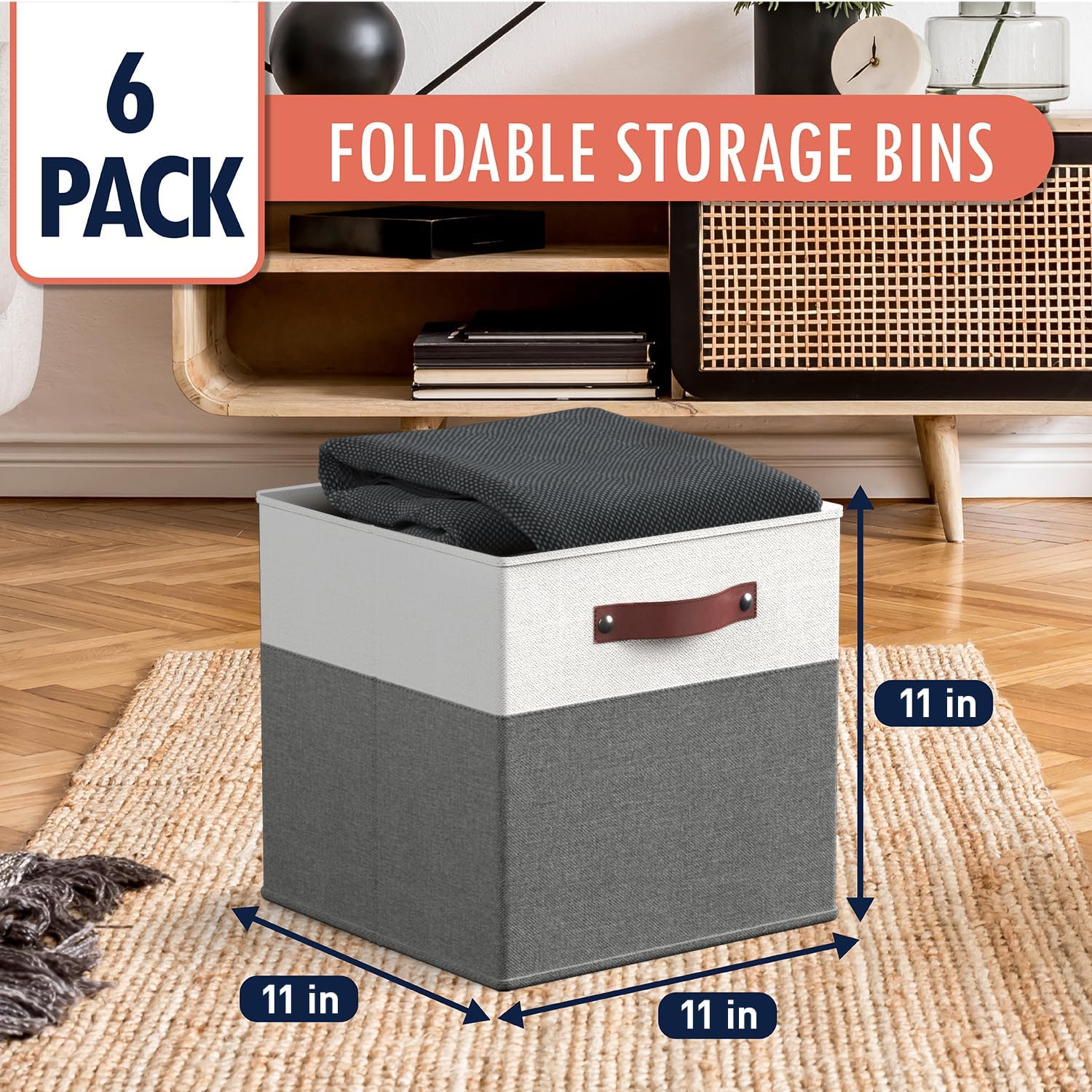 Ornavo Home 6 Pack Linen Fabric Storage Cube Bin with Faux Leather Handles - Image 13
