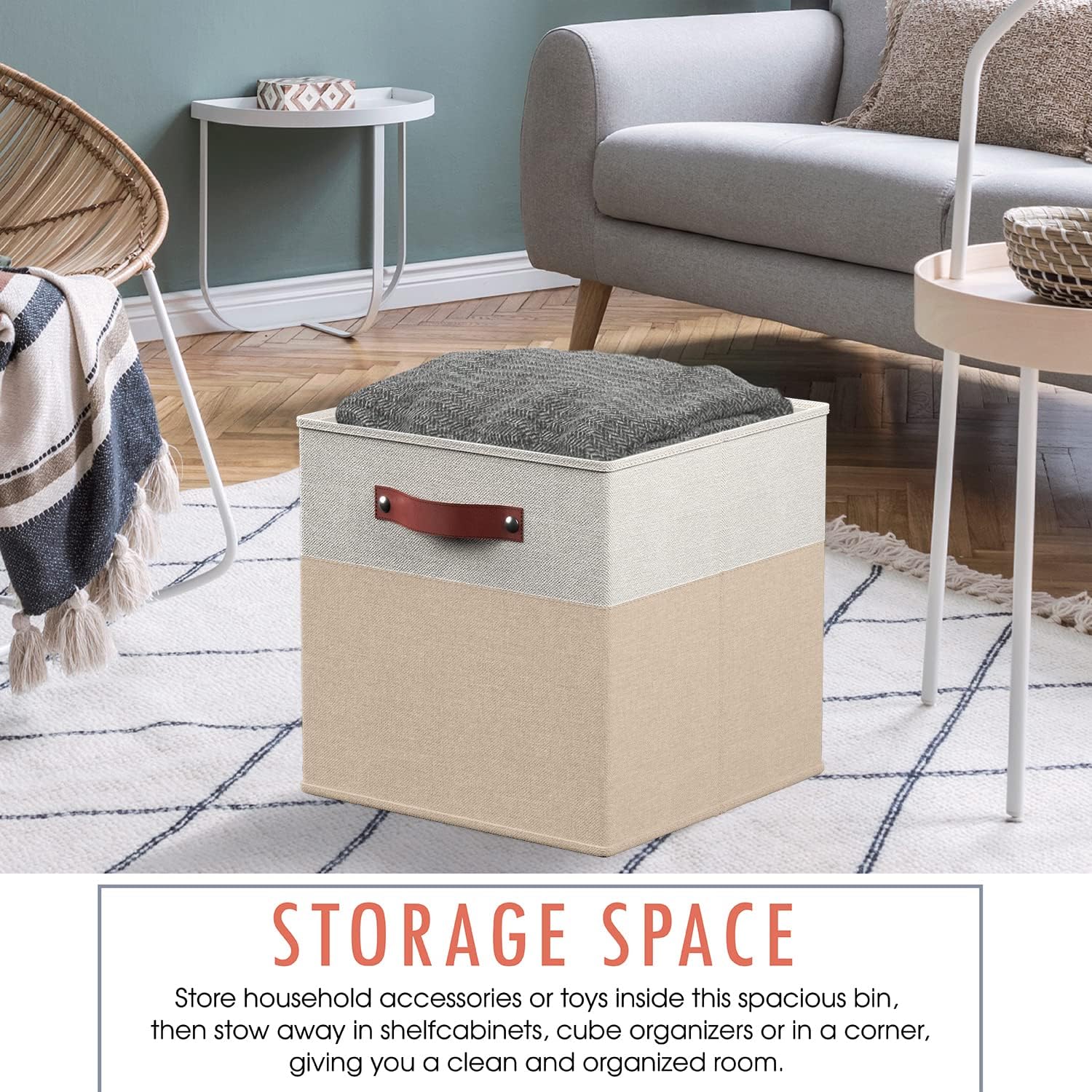 Ornavo Home 6 Pack Linen Fabric Storage Cube Bin with Faux Leather Handles - Image 4