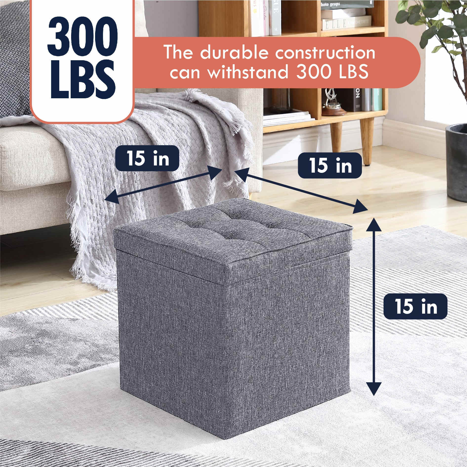 Ornavo Home Collapsible Square Storage Ottoman with Reversible Tray Lid - Image 9