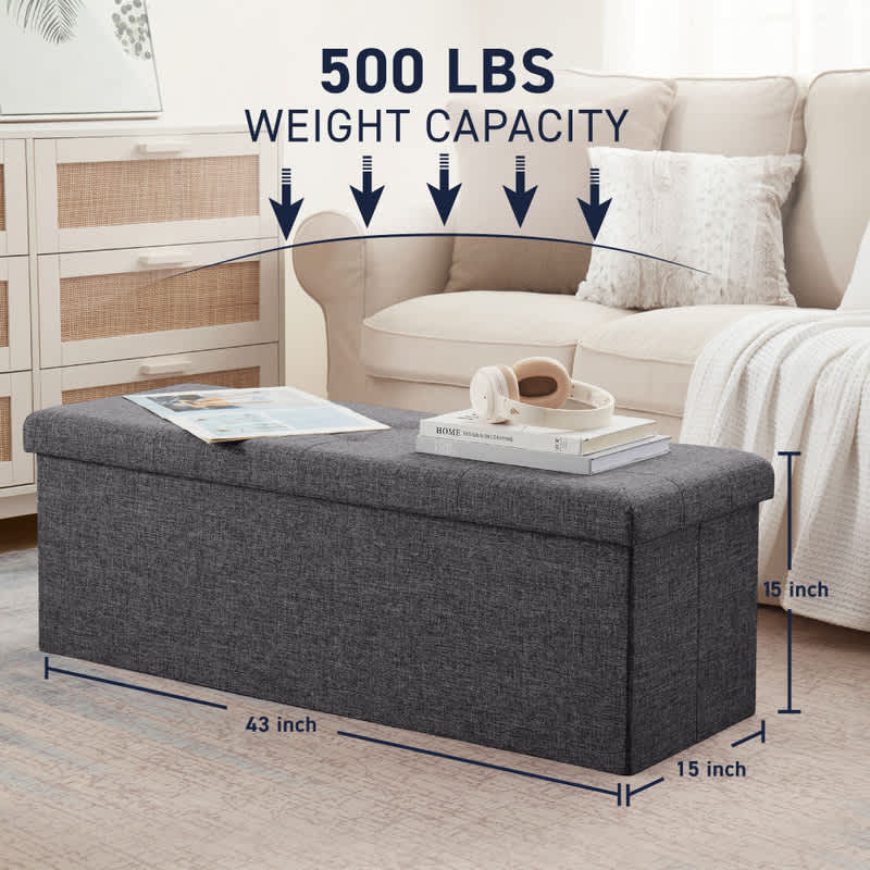 Ornavo Home Foldable Tufted Linen 43" Inch Long Bench Storage Ottoman - Image 13