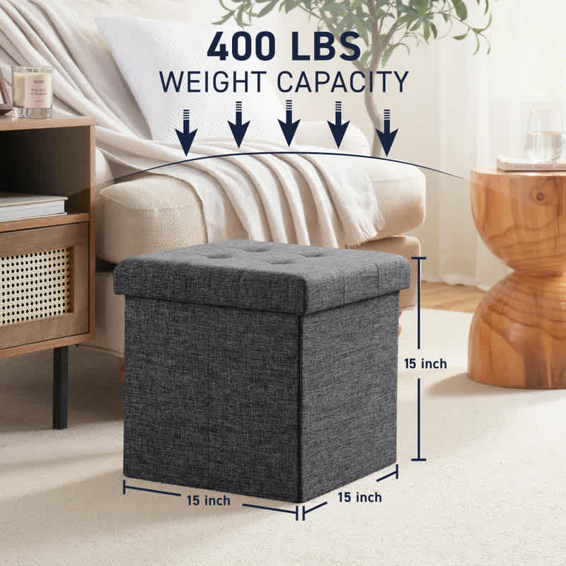 Ornavo Home Foldable Tufted Linen Square Cube Storage Ottoman, Perfect for Dorm, Bedroom and Living Room - Image 14