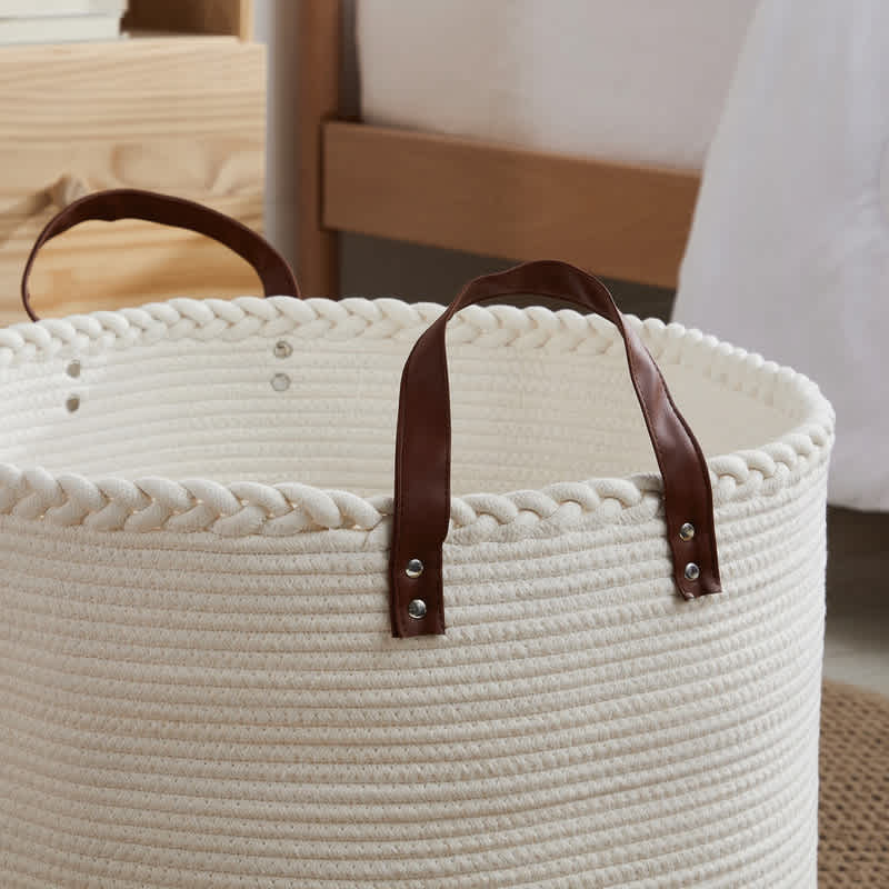 Ornavo Home Large Round Cotton Rope Storage Basket Laundry Hamper with Faux Leather Handles - Image 4