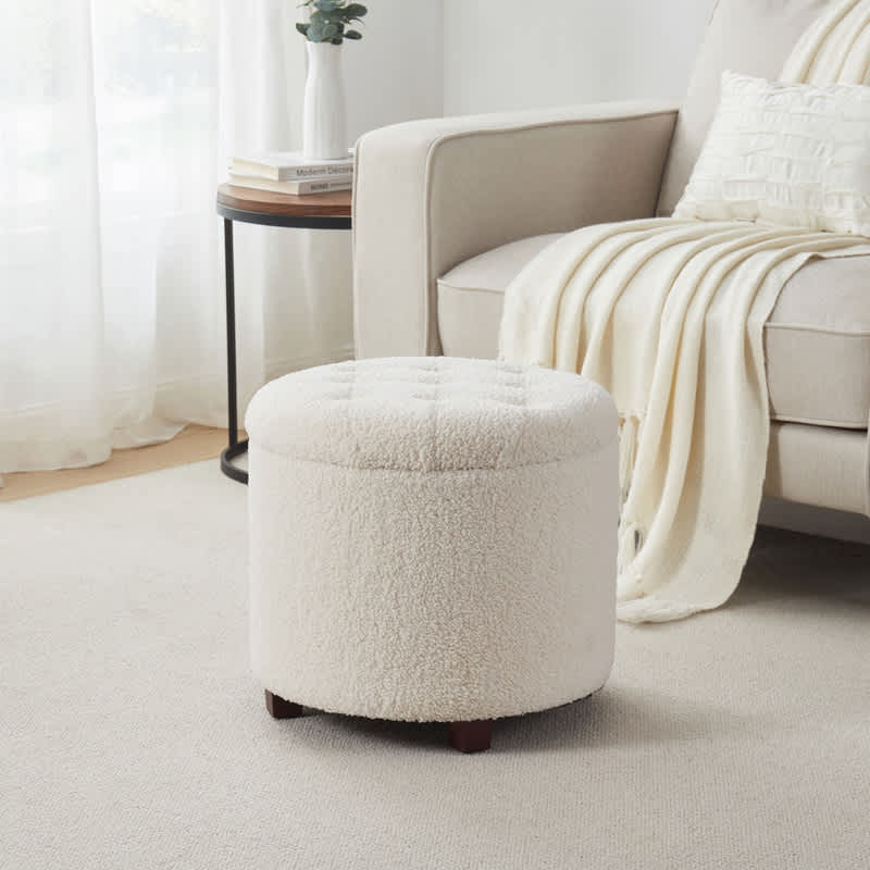 Ornavo Home White Boucle Round Tufted Storage Ottoman - Image 5