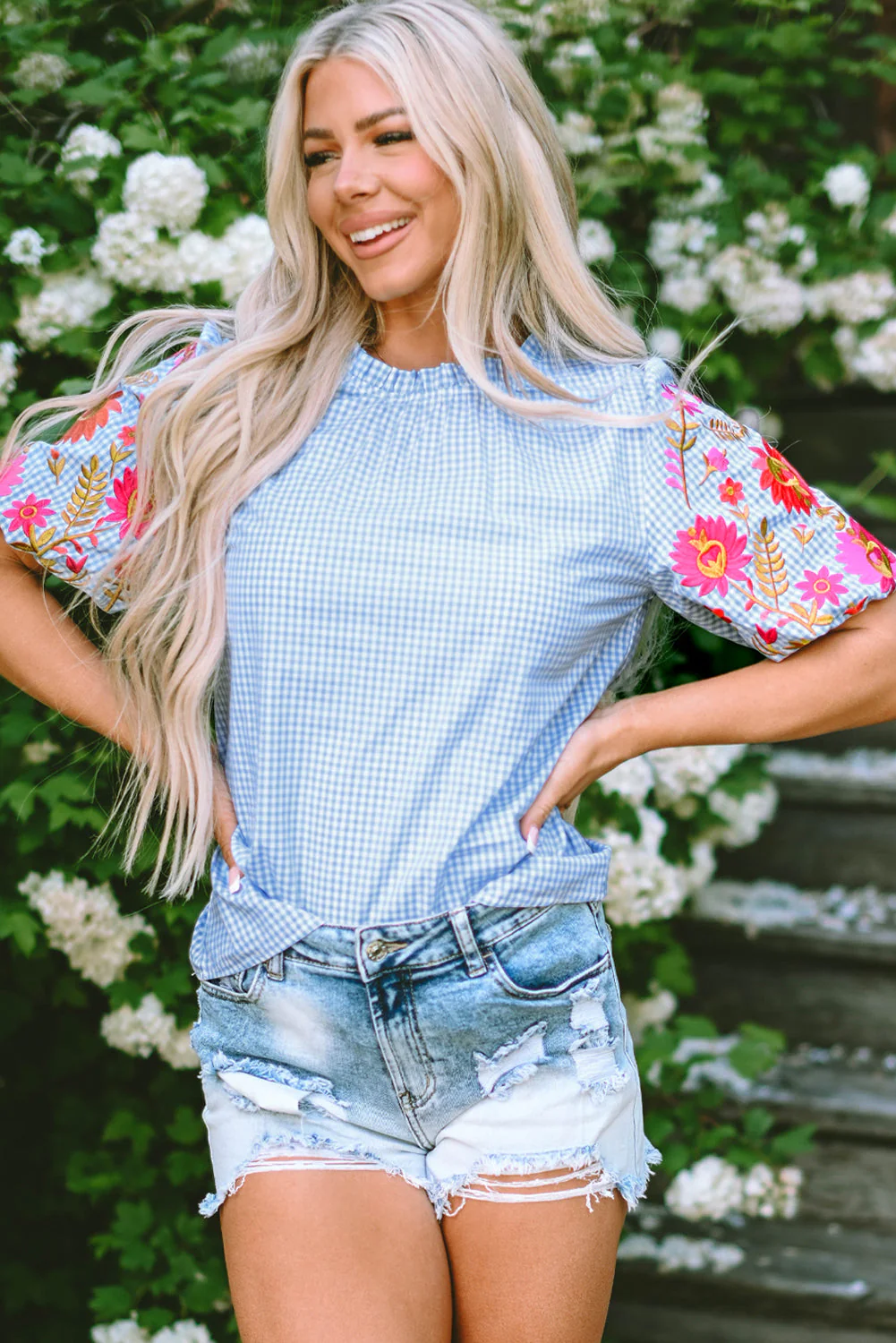 Threaded Pear Pearl Gingham Floral Embroidered Puff Sleeve Blouse - Image 4