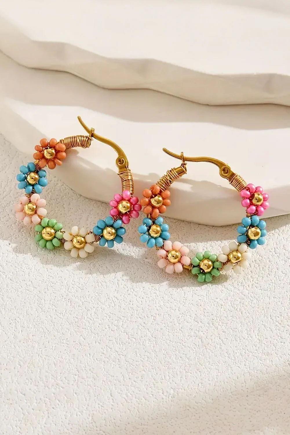 Threaded Pear Pink Colorful Flower Hoop Earrings - Image 2
