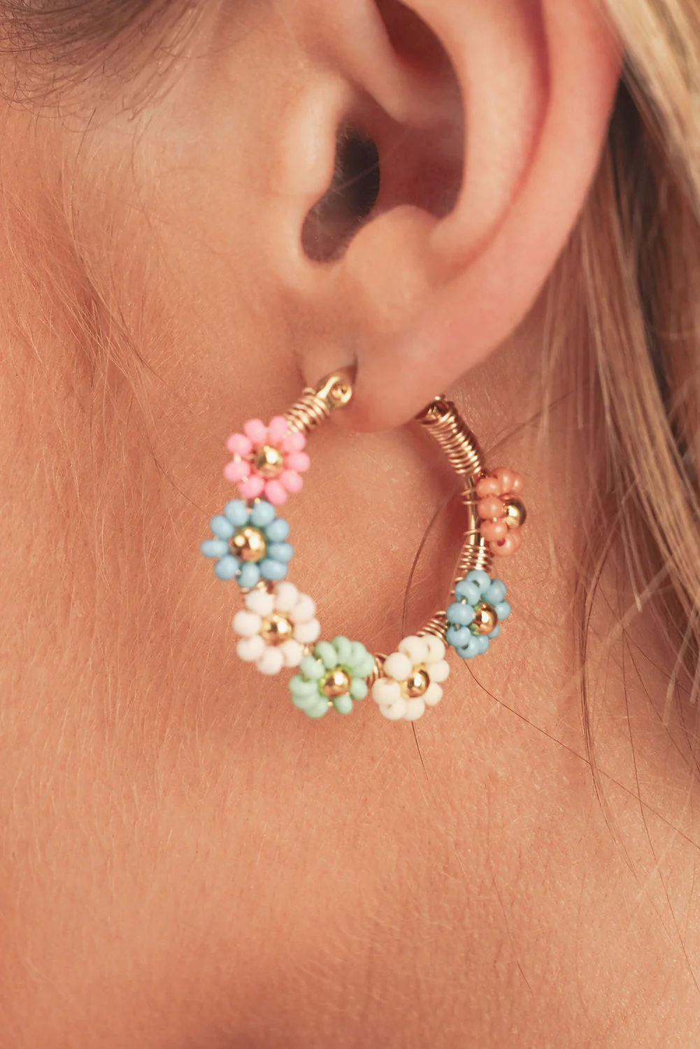 Threaded Pear Pink Colorful Flower Hoop Earrings - Image 7