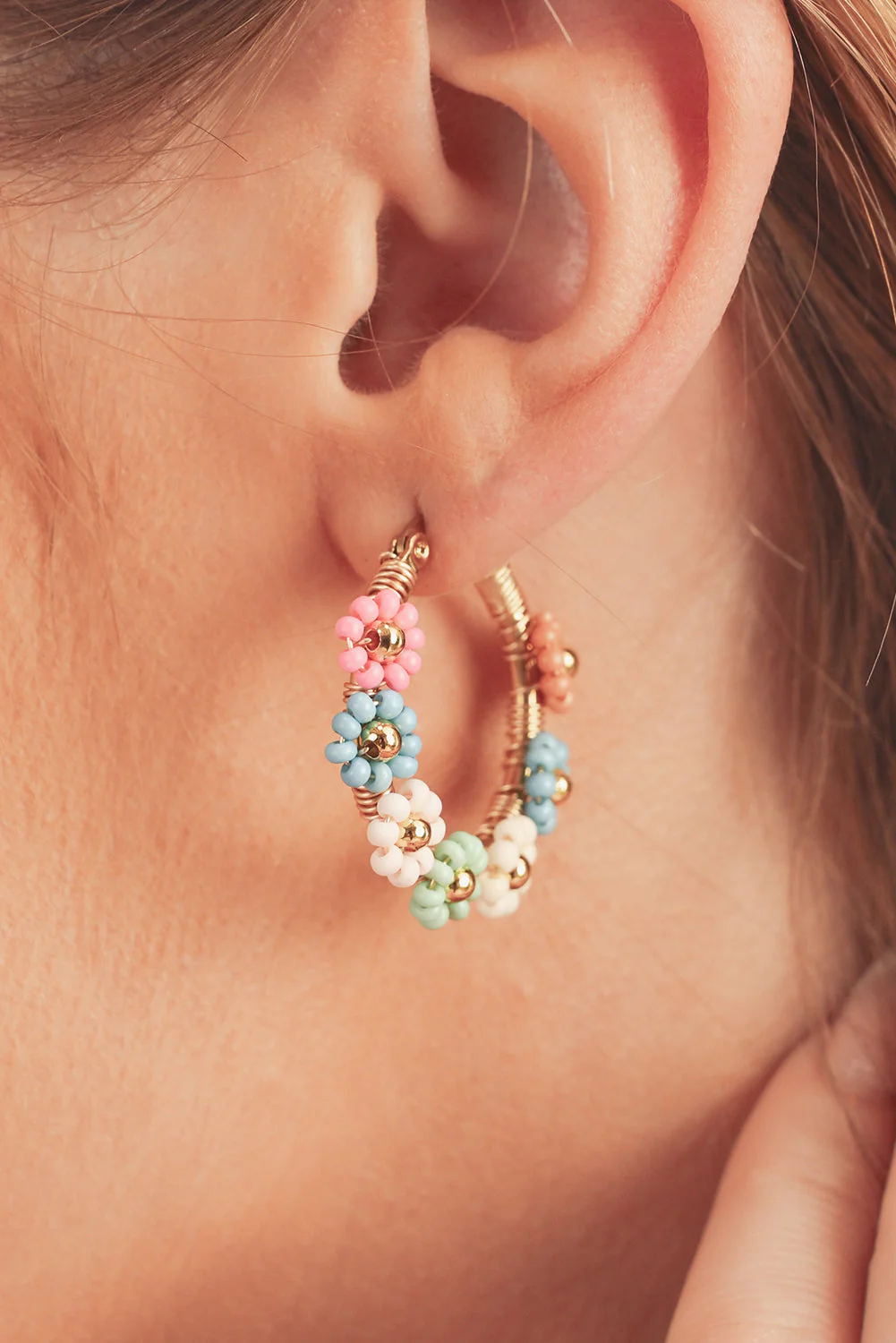 Threaded Pear Pink Colorful Flower Hoop Earrings - Image 8