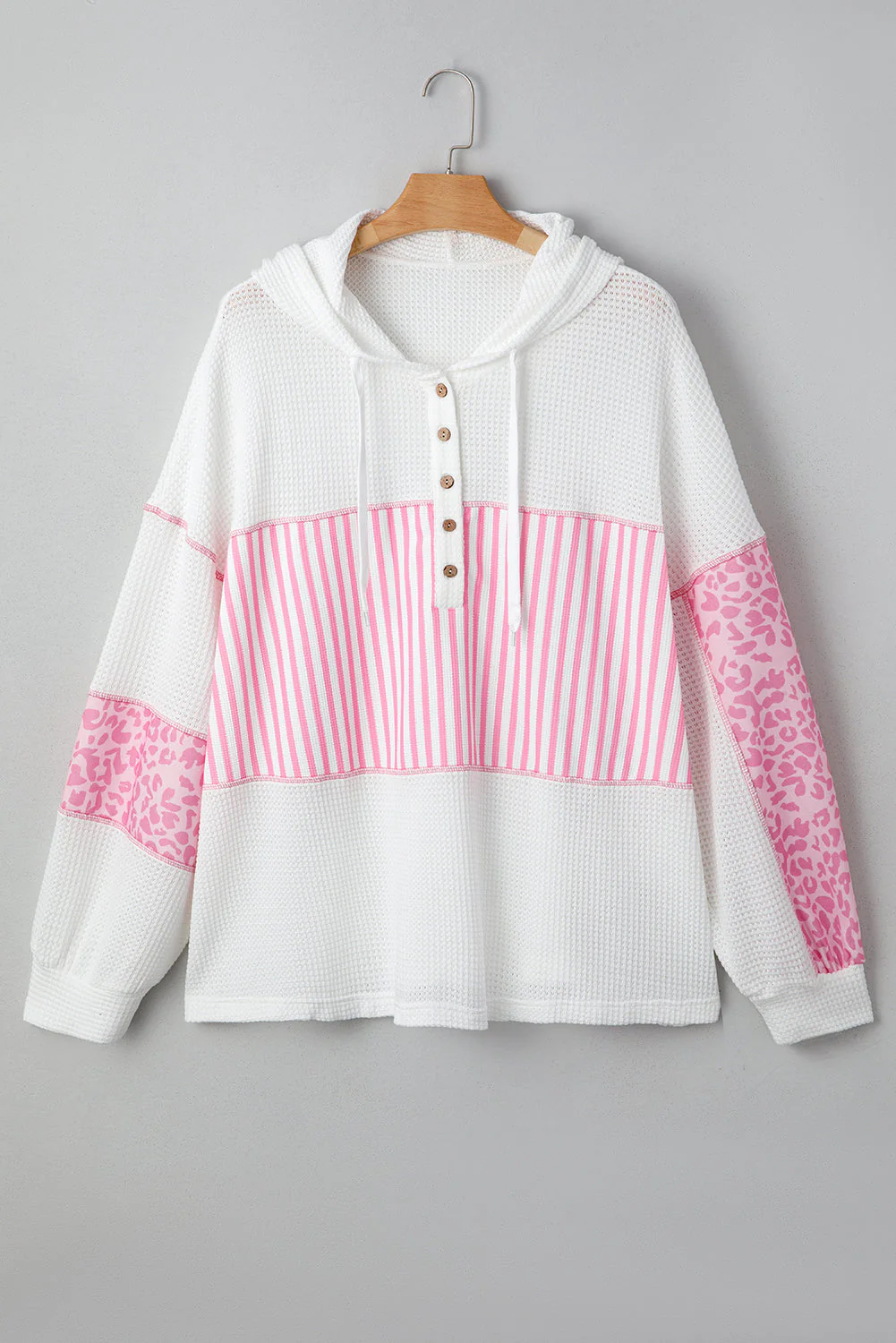 Threaded Pear Pink Stripe Leopard Patchwork Waffle Knit Buttoned Plus Size Hoodie - Image 8