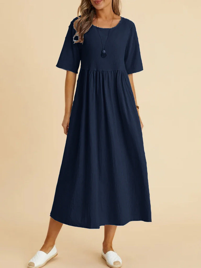 Plus Size Cotton Linen Midi Dress | Round Neck Pocket Dress - Image 6