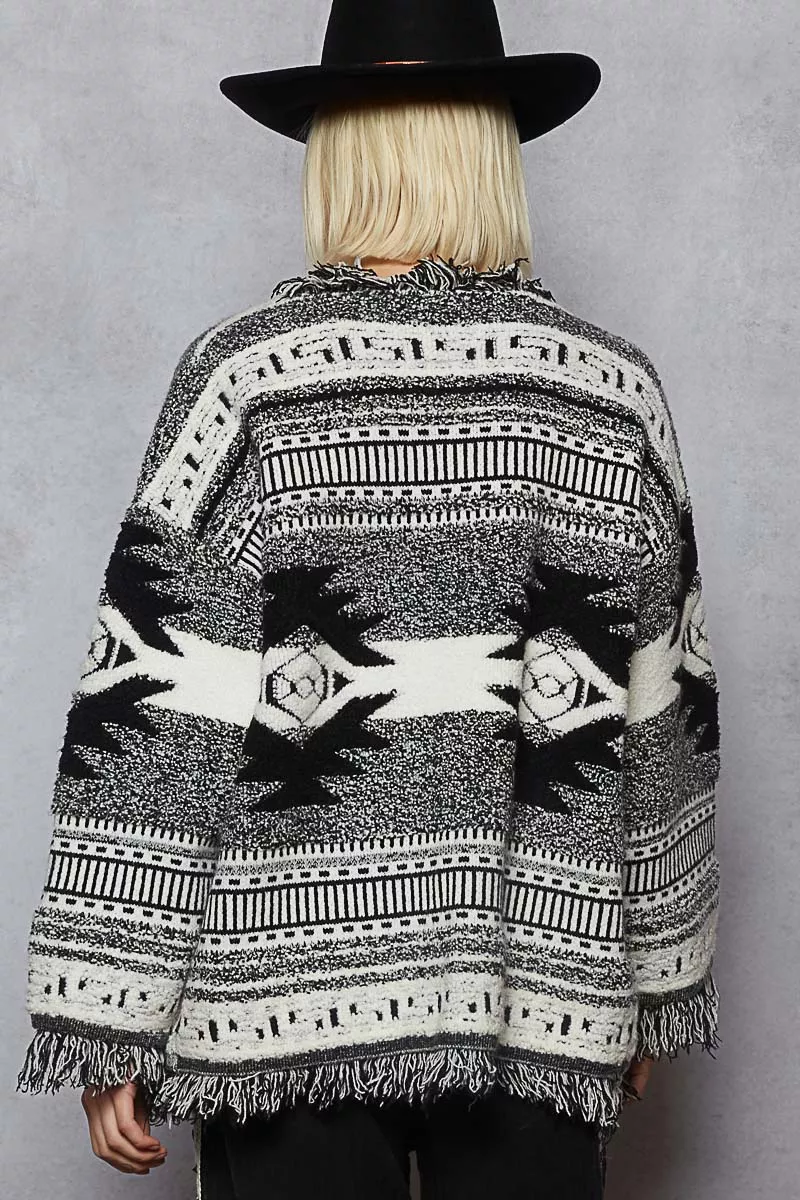 POL Open Front Geometric Print Cardigan with Fringe Detail - Image 4