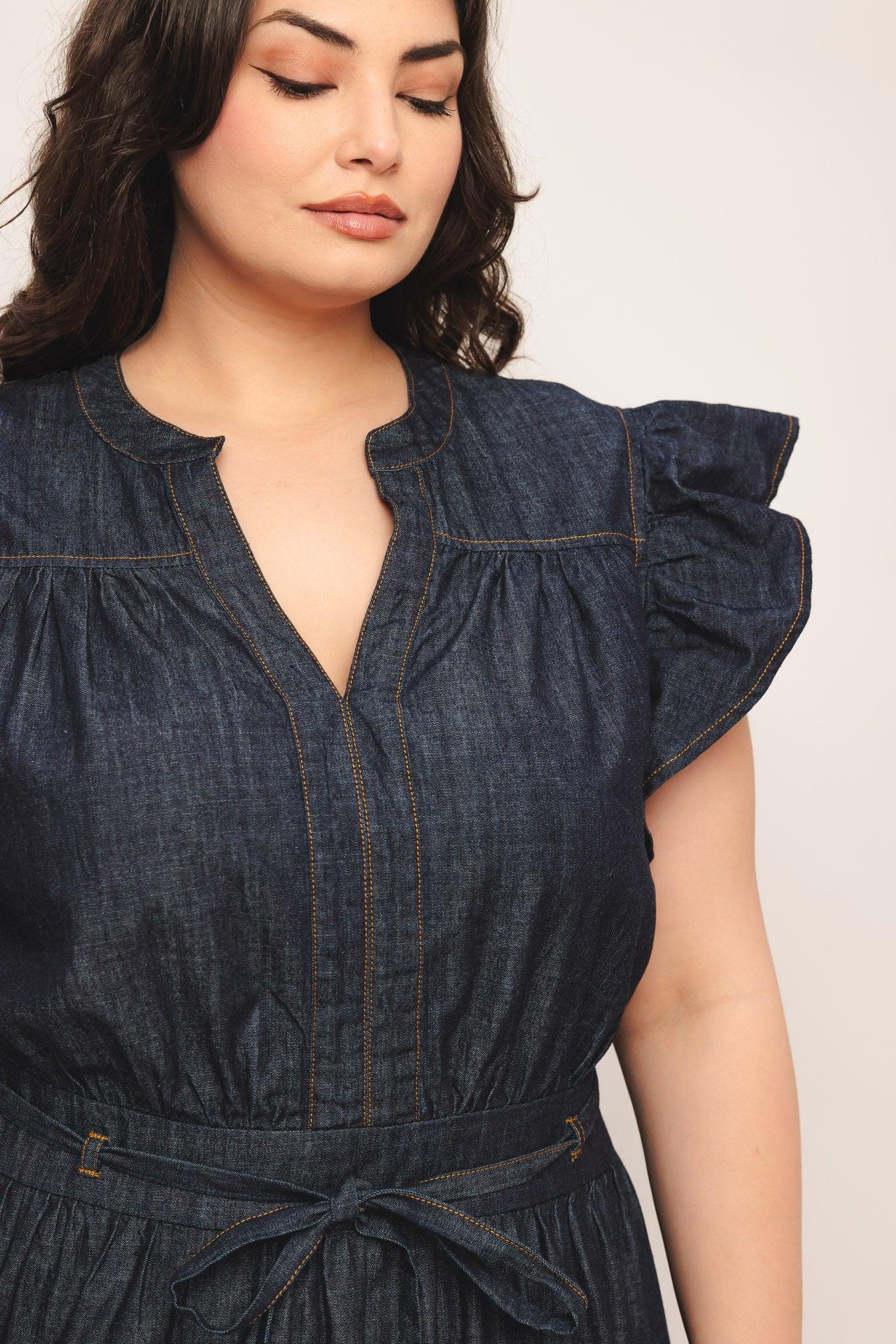 Power Denim Goddess Dark Indigo Midi Dress - Image 10