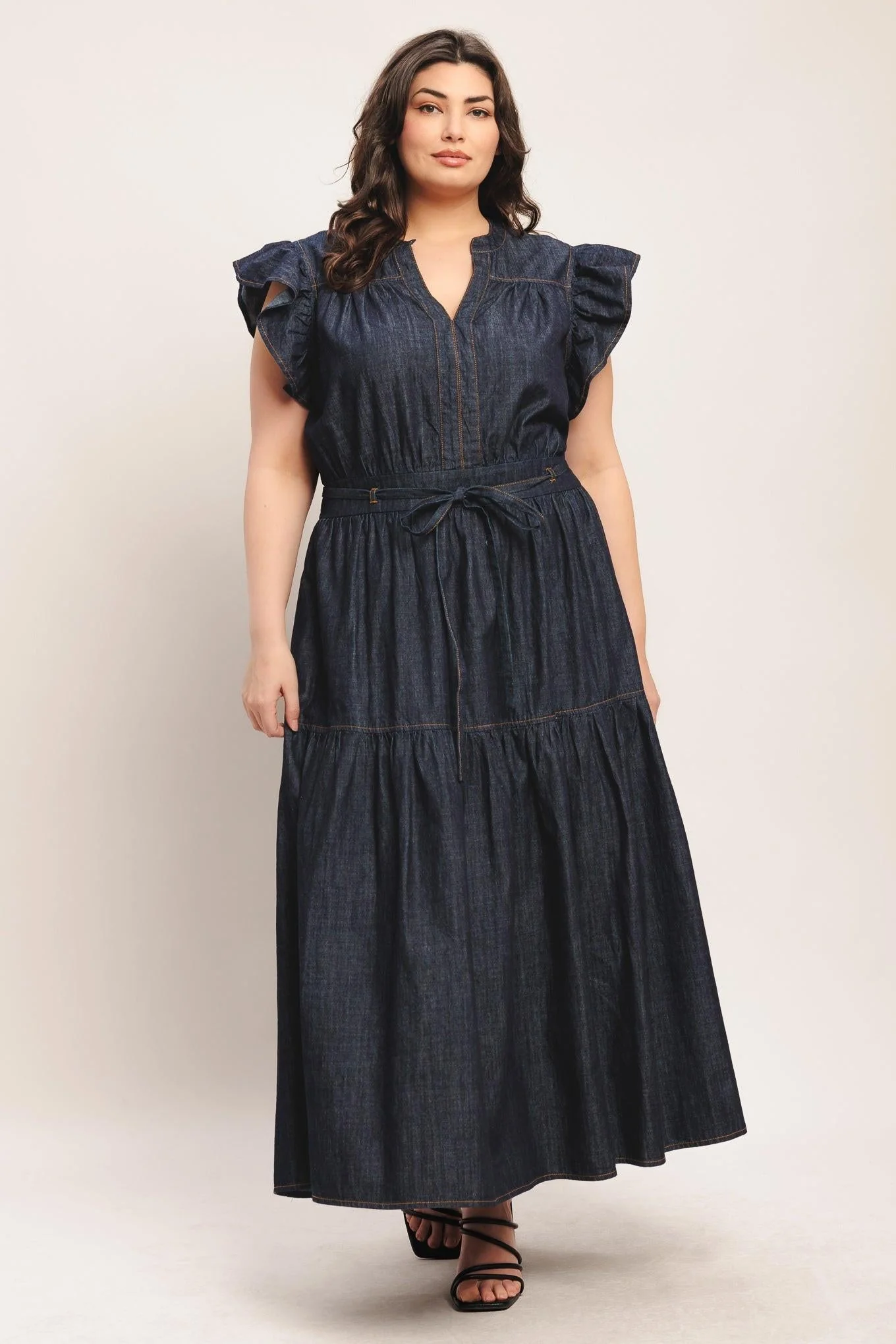 Power Denim Goddess Dark Indigo Midi Dress - Image 12
