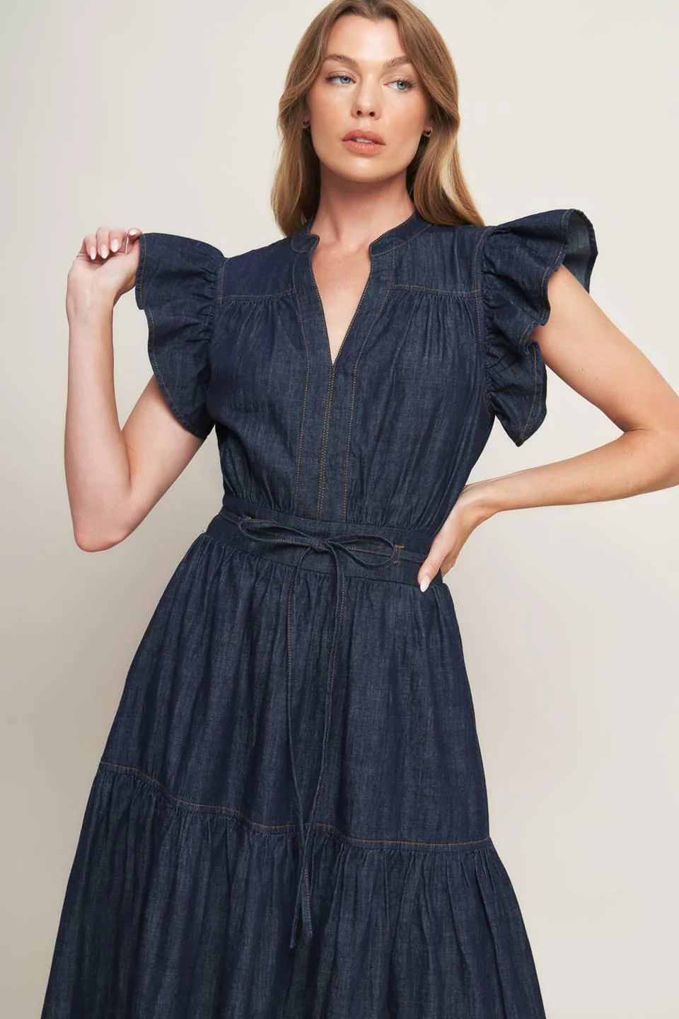 Power Denim Goddess Dark Indigo Midi Dress - Image 3