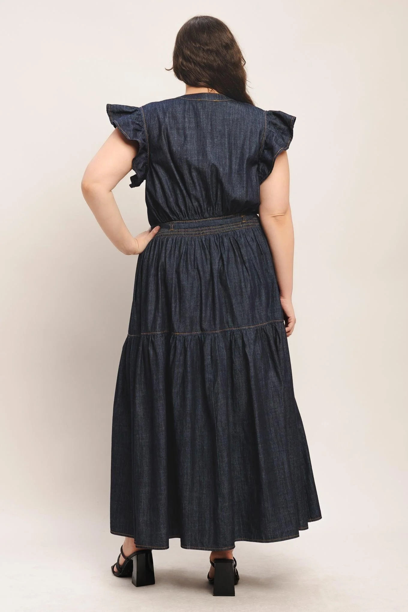 Power Denim Goddess Dark Indigo Midi Dress - Image 9