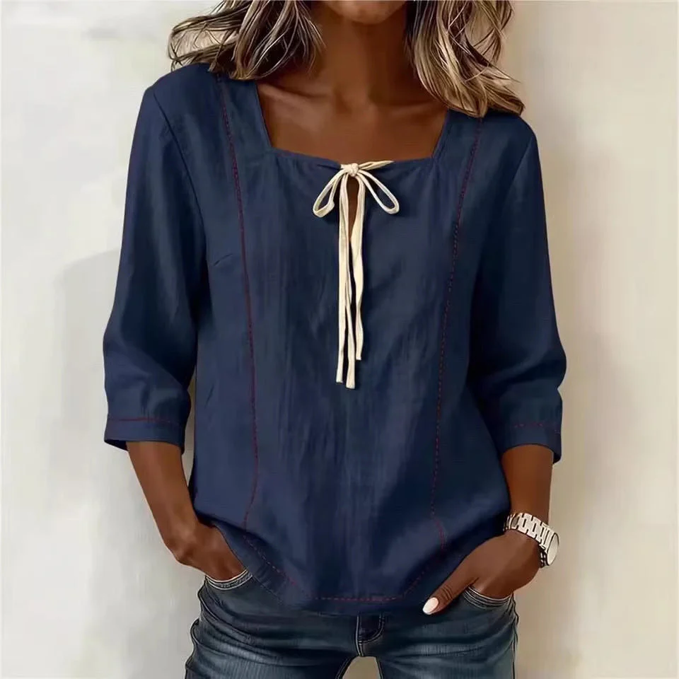 Printed Lace-Up Square-Neck Shirt – Three-Quarter Sleeve, Ramie - Image 5