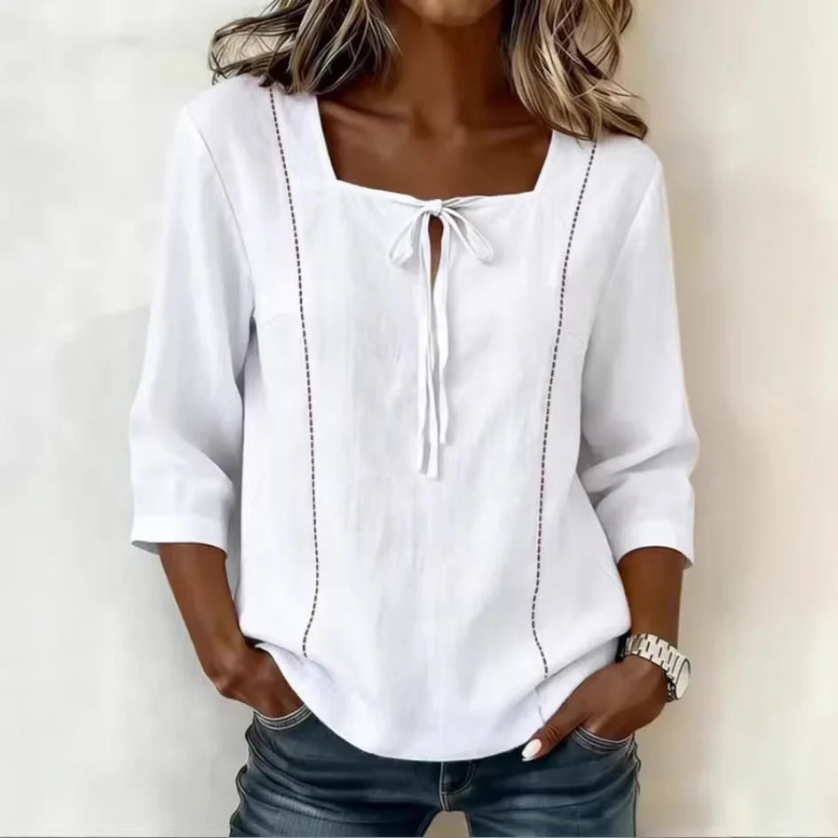 Printed Lace-Up Square-Neck Shirt – Three-Quarter Sleeve, Ramie - Image 6