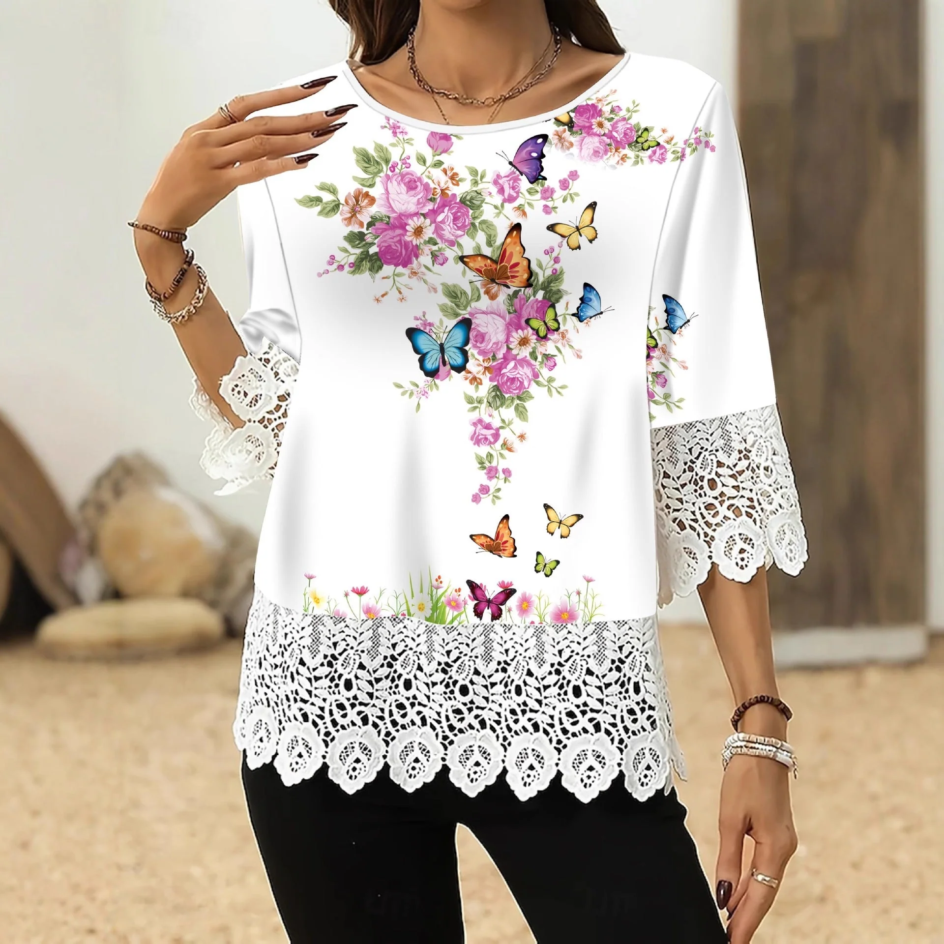 Printed Patchwork Three-Quarter Sleeve Top – Women's Loose Fit Pullover - Image 3