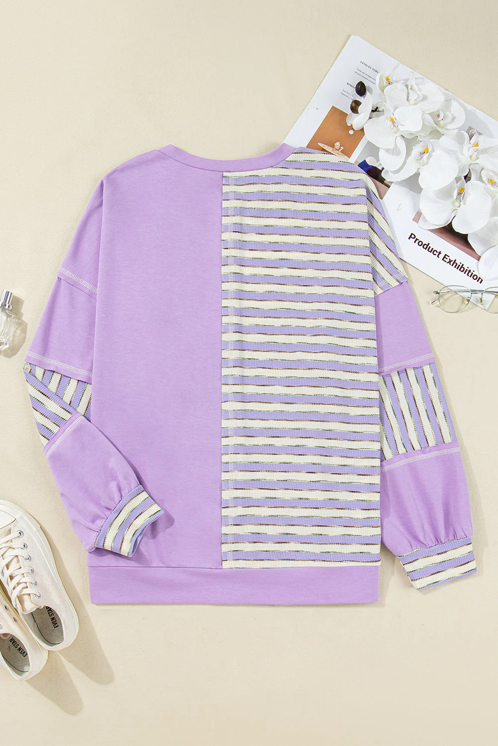 Threaded Pear Purple Stripe Patchwork Buttoned Drop Shoulder Plus Size Pullover - Image 7