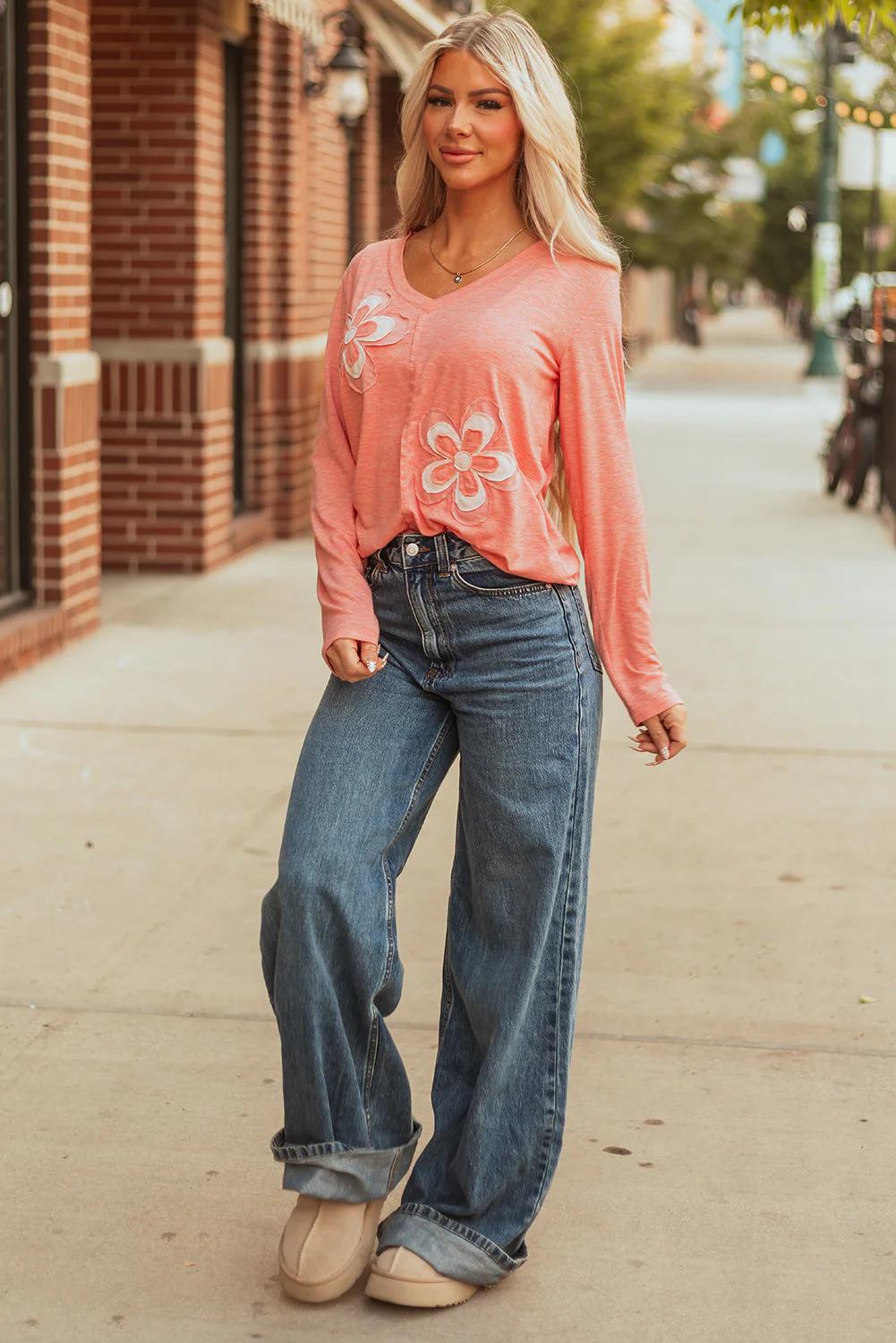Threaded Pear Rachel Floral Patchwork V Neck Long Sleeve Top - Image 6