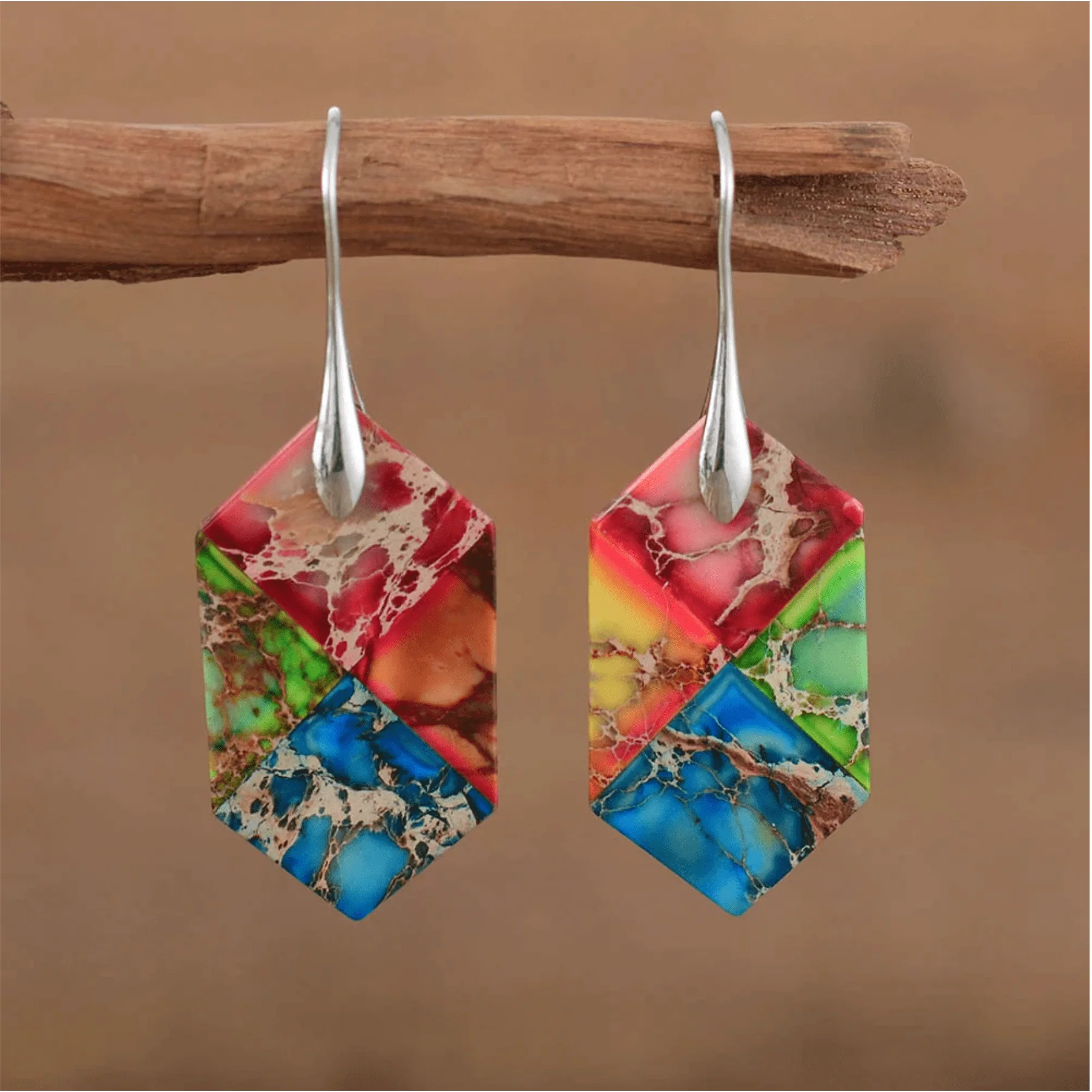 Rainbow Jasper Geometric Stone Drop Earrings - Image 2