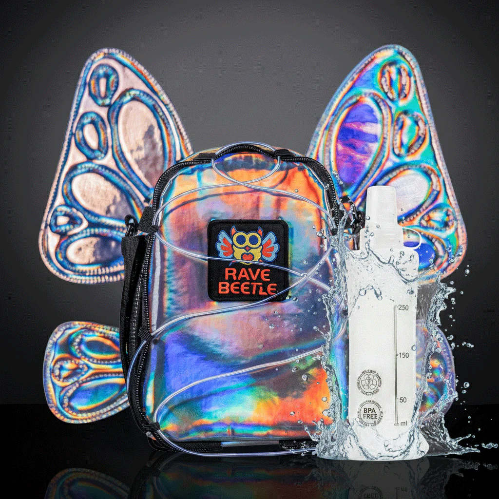 RaveBeetle FLOWt LED Festival Hydration Pack Swappable Wing Rave Backpack with 8oz Soft Water Bottle & Light Accessory (Disco) - Image 24