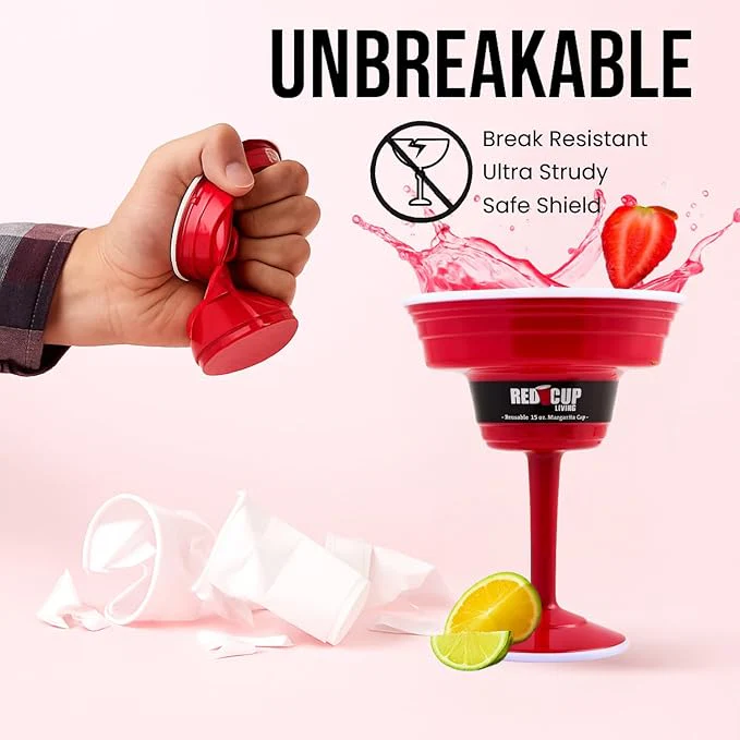 Reusable Red Plastic Margarita Glasses with Stem, 15 Oz, Unique Heavy-Duty Drinking Glasses for Parties, Durable Champagne Flutes, Cute Sturdy Big Grip Cups Stem Glass, Elegantes Copas De Vino - Image 5