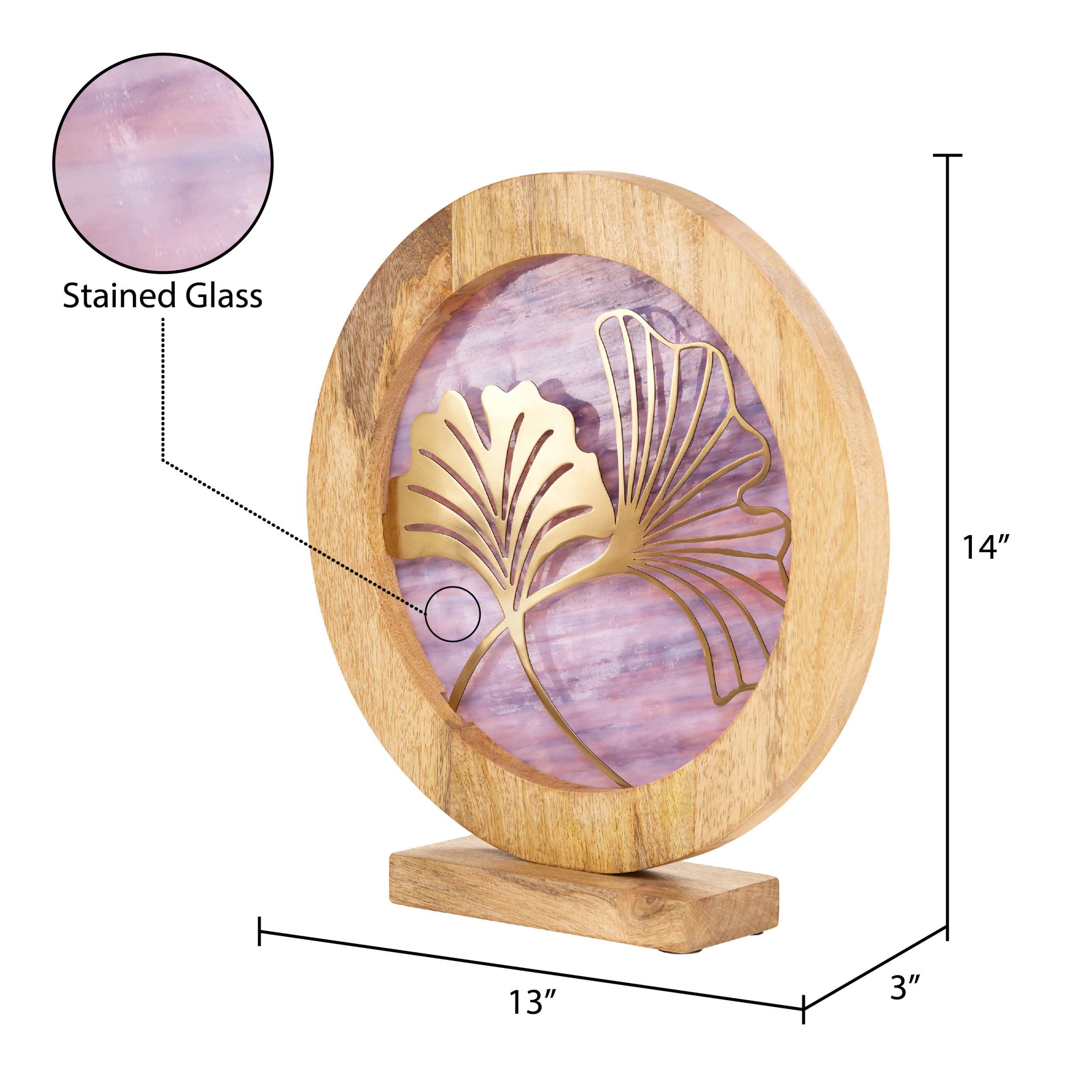 River of Goods 14" W Ginkgo Leaf Theme Round Decorative Stained Glass & Metal Stand with Wood Frame - Image 11