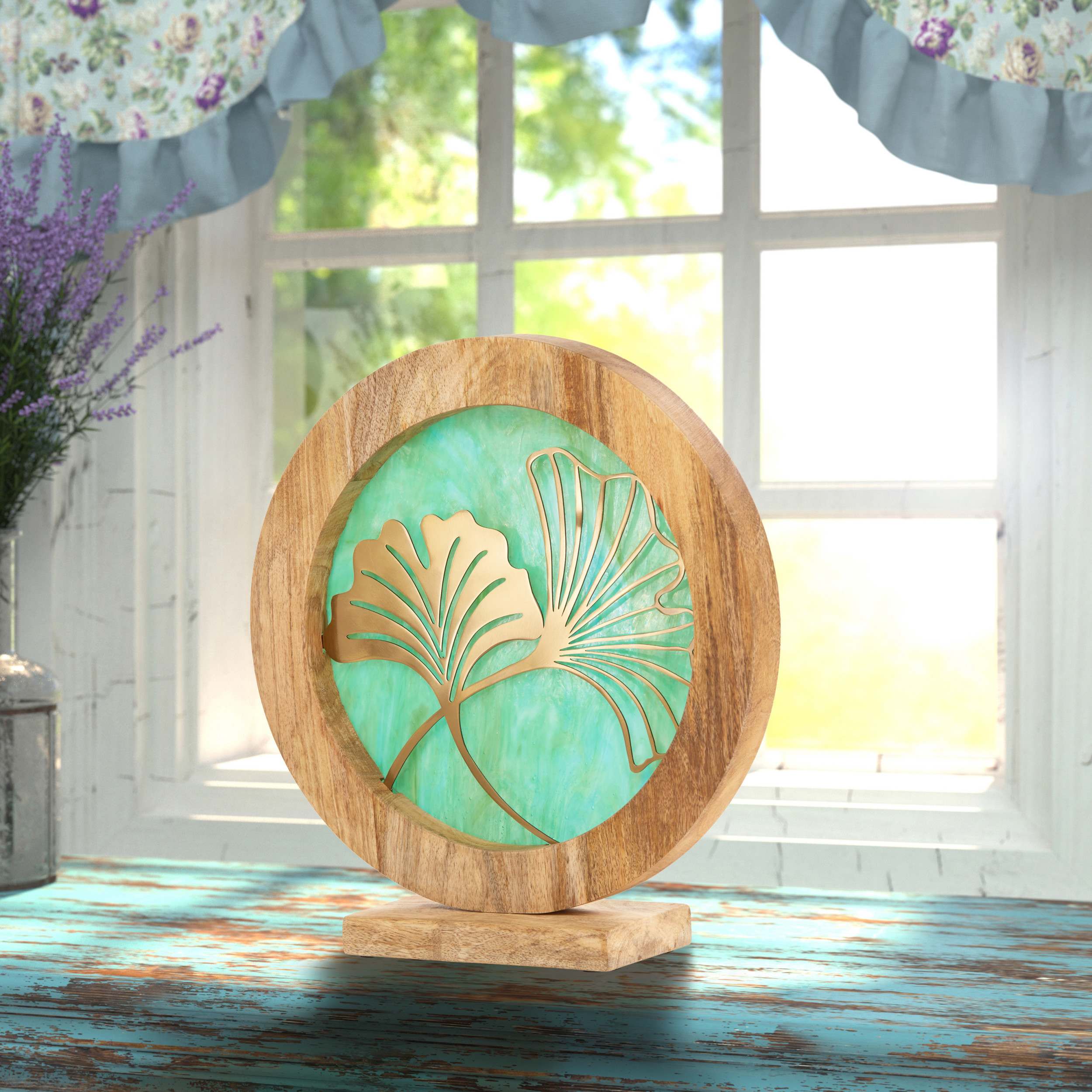 River of Goods 14" W Ginkgo Leaf Theme Round Decorative Stained Glass & Metal Stand with Wood Frame - Image 41