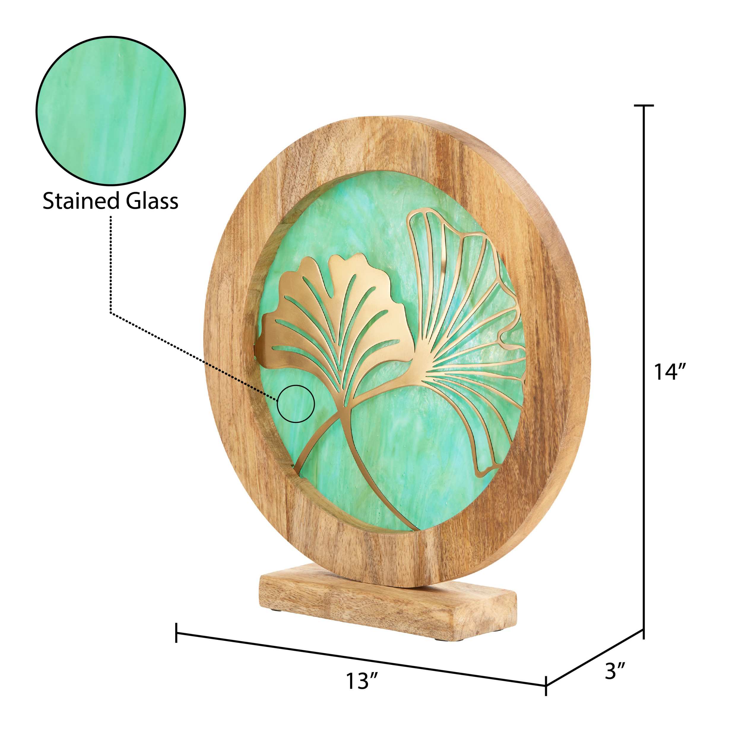 River of Goods 14" W Ginkgo Leaf Theme Round Decorative Stained Glass & Metal Stand with Wood Frame - Image 44