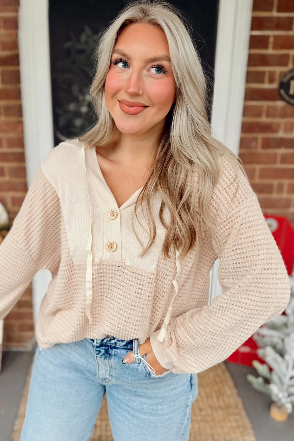 Threaded Pear River Waffle Hooded Long Sleeve Top - Image 14