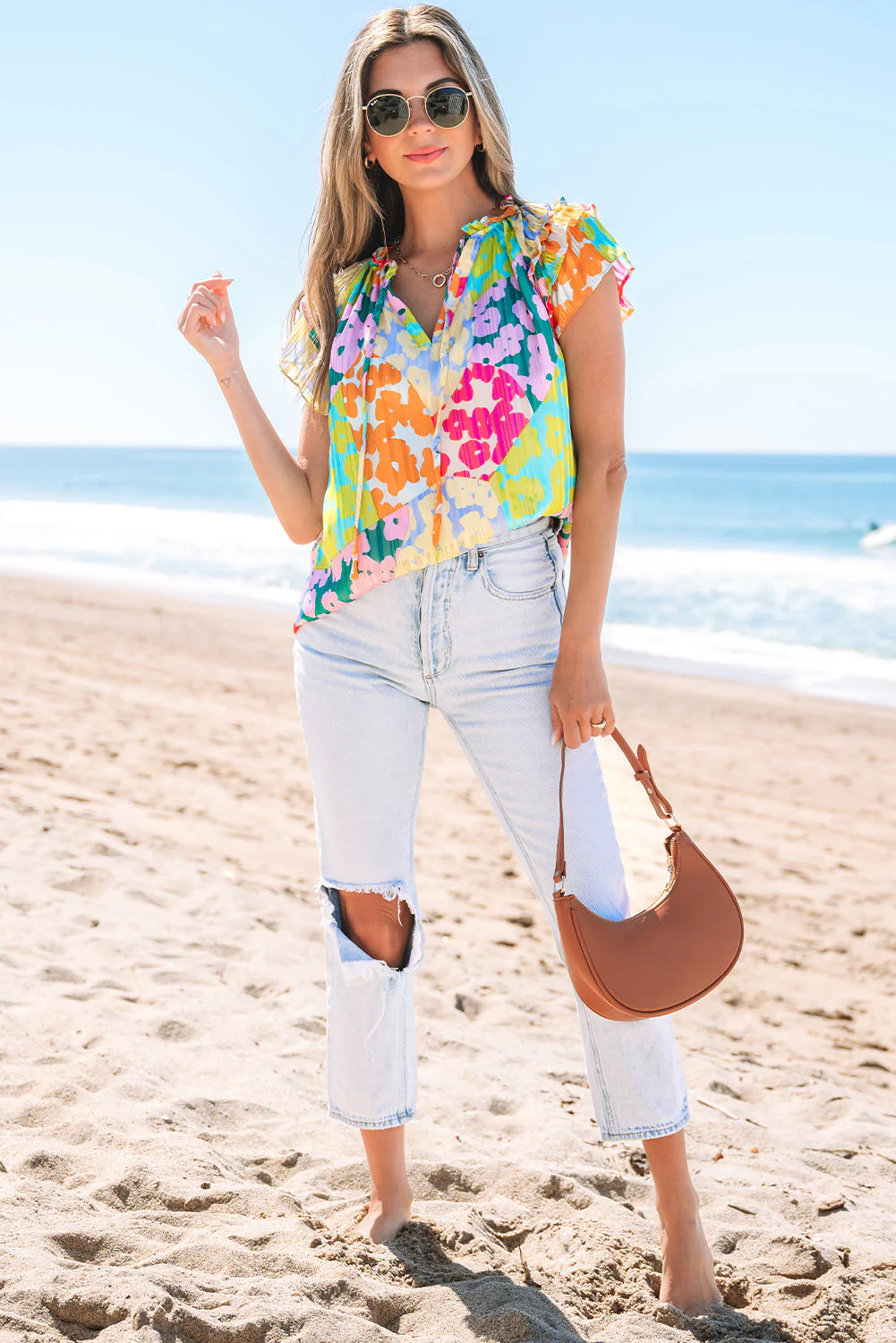 Threaded Pear Rosa Flutter Sleeve V Neck Crinkled Blouse - Image 5
